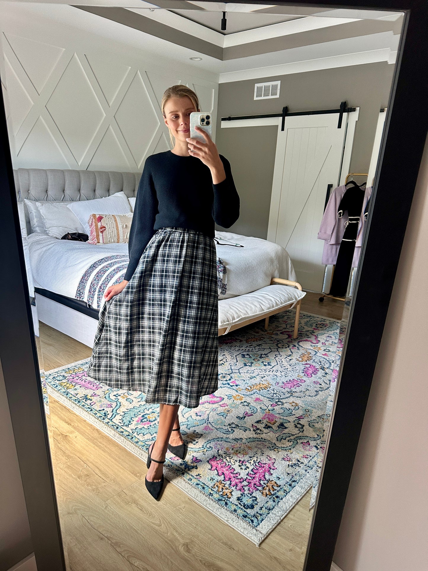 The Rowan Plaid Midi Skirt in Black & White