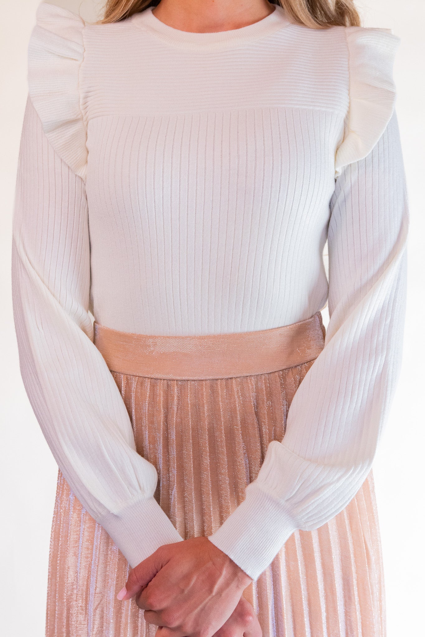 RESTOCKED - The Zoe Ruffle Shoulder Sweater in Cream