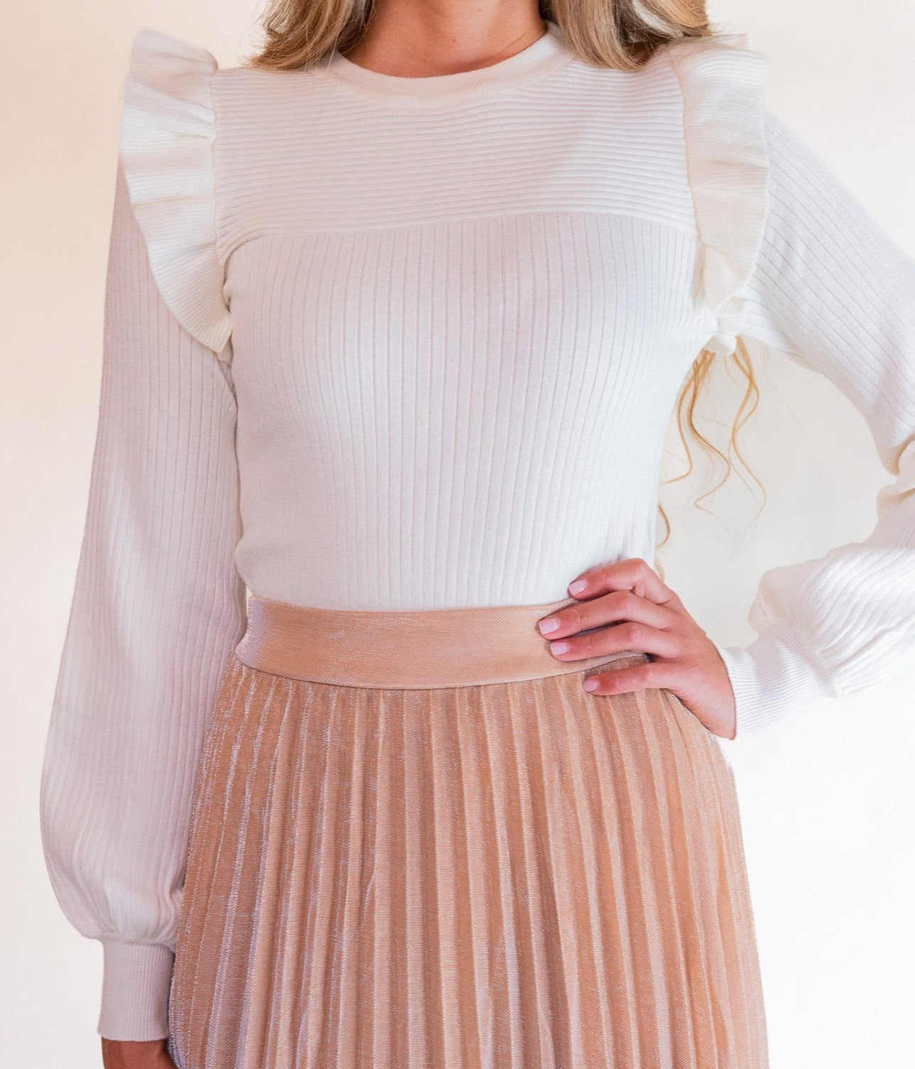 RESTOCKED - The Zoe Ruffle Shoulder Sweater in Cream