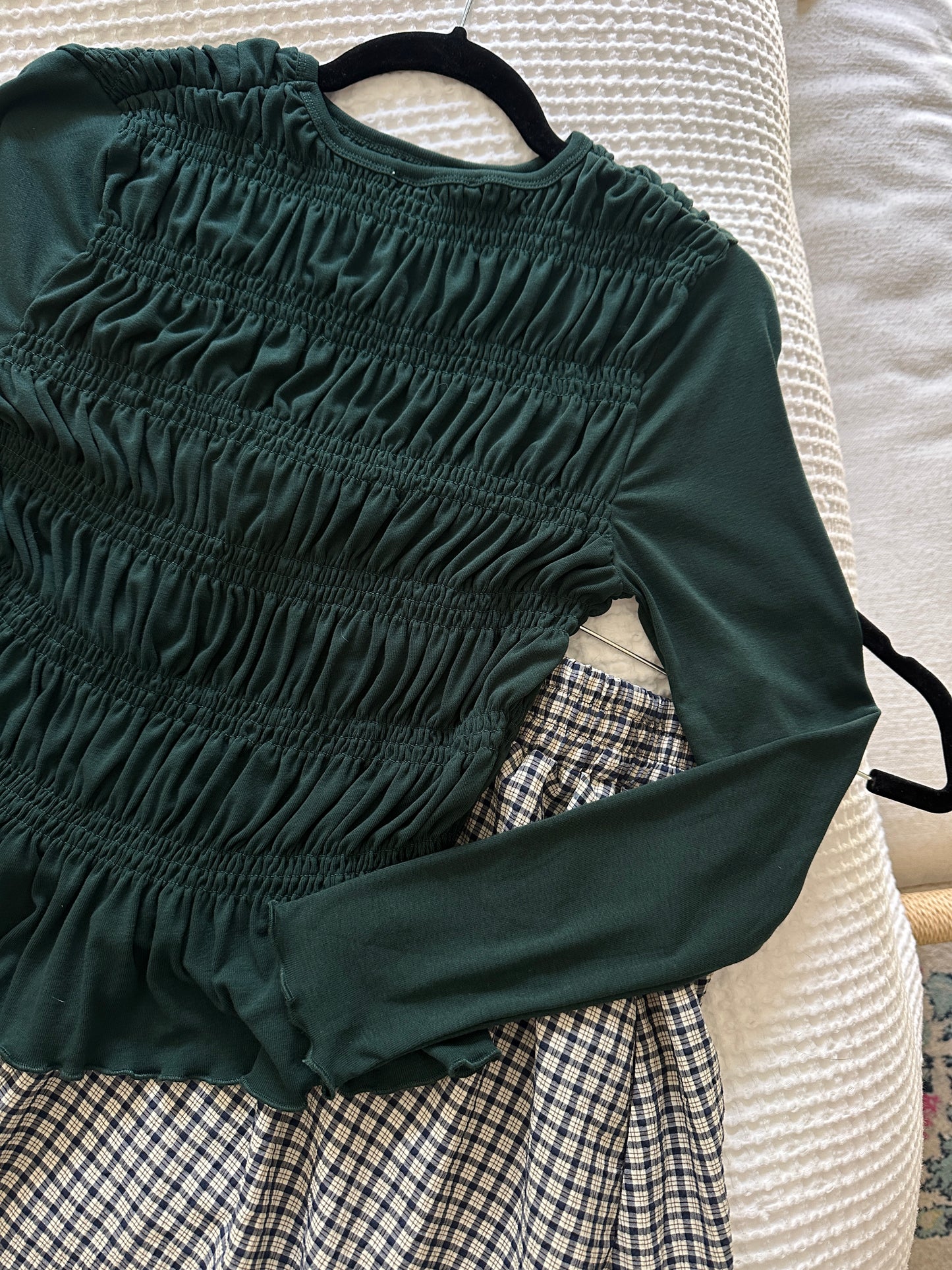 The Karly Smocked Long Sleeve Top in Emerald Green