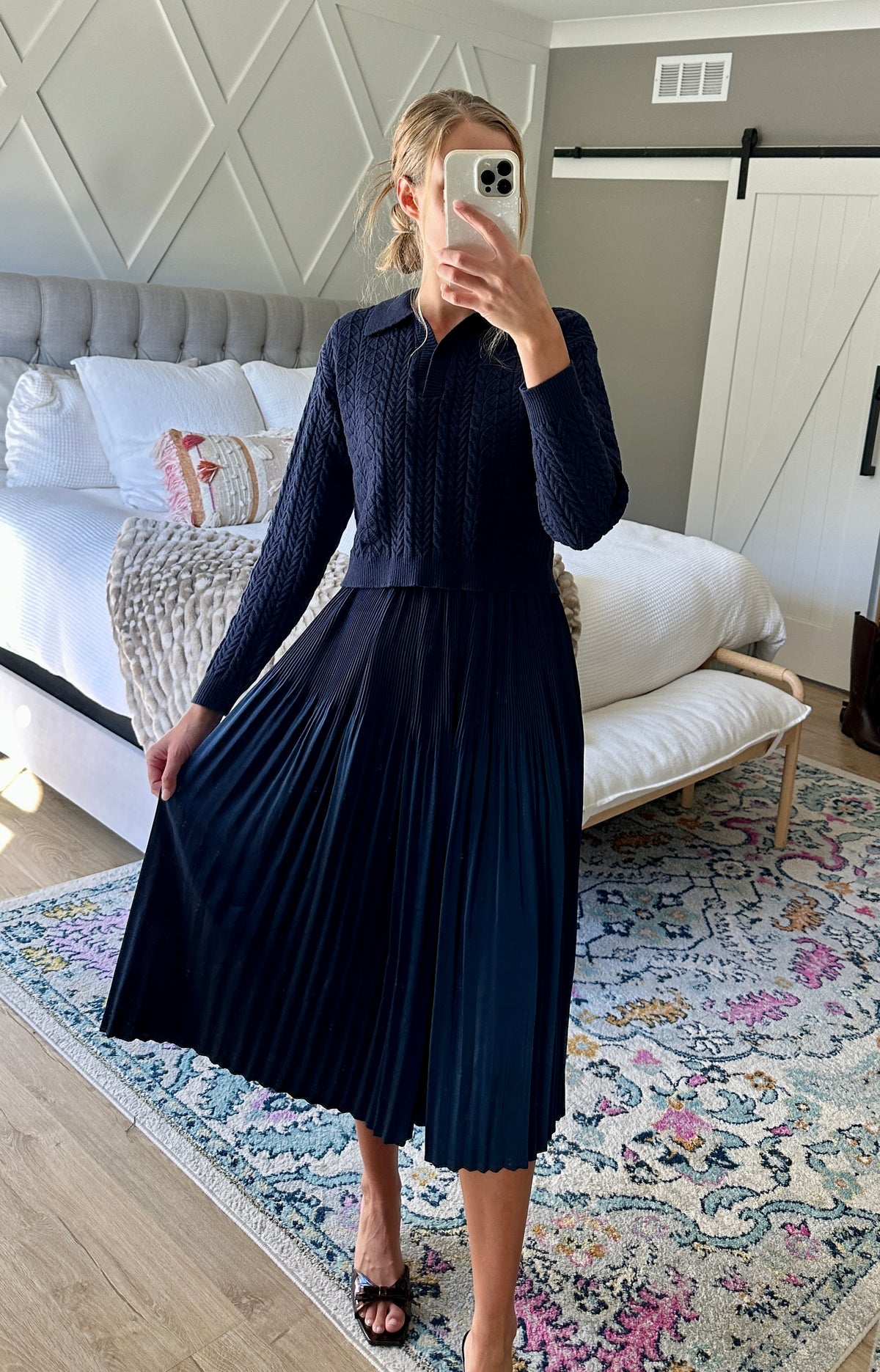 The Sutton Satin Sweater Dress Set in Jewel Navy