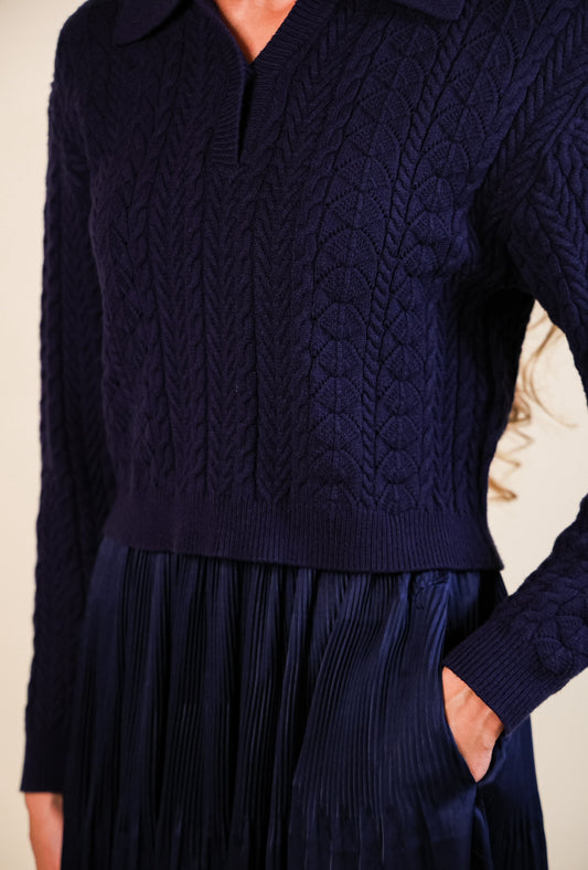 The Sutton Satin Sweater Dress Set in Jewel Navy