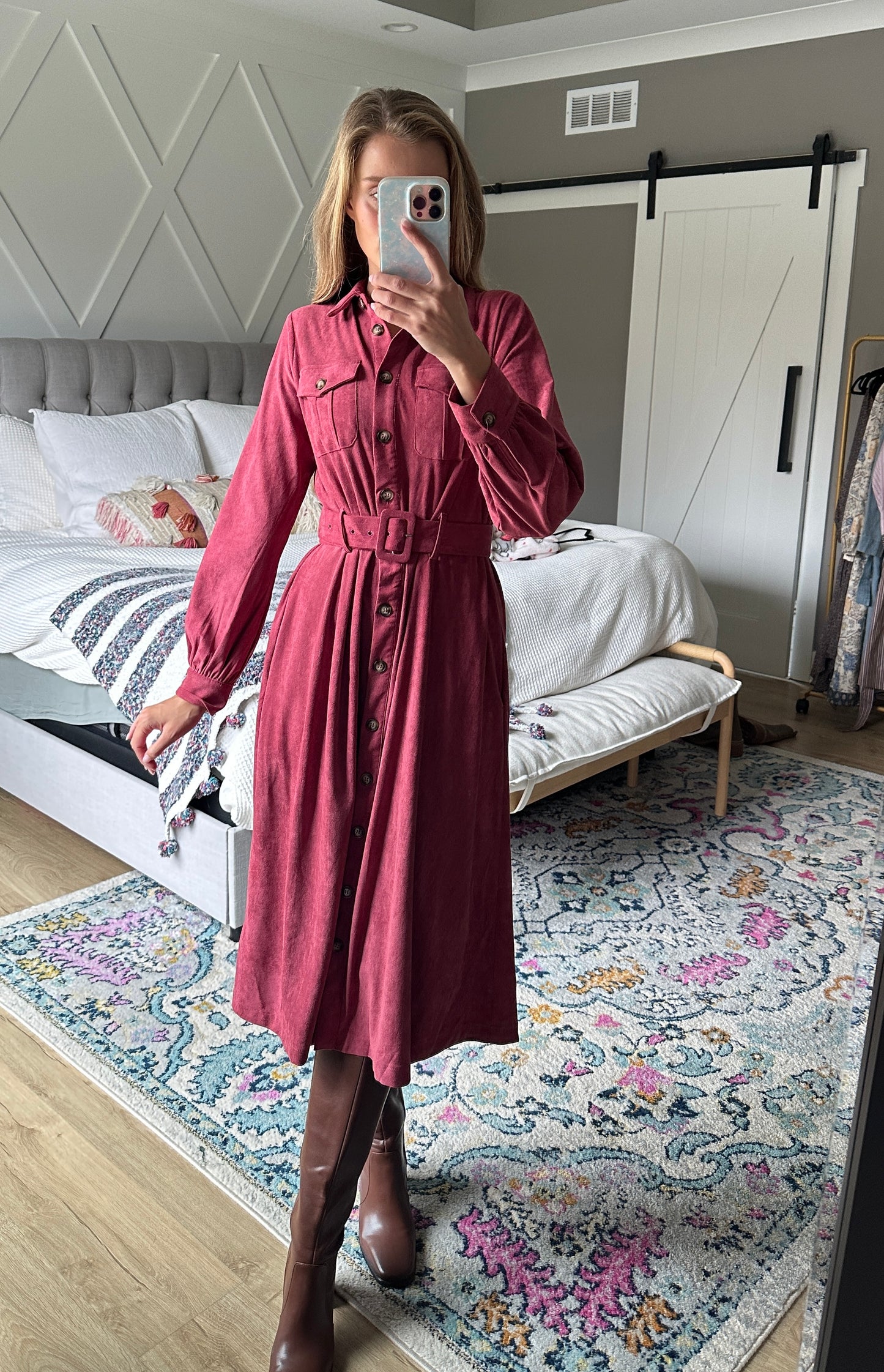 The Margot Suede Belted Shirt Dress in Berry