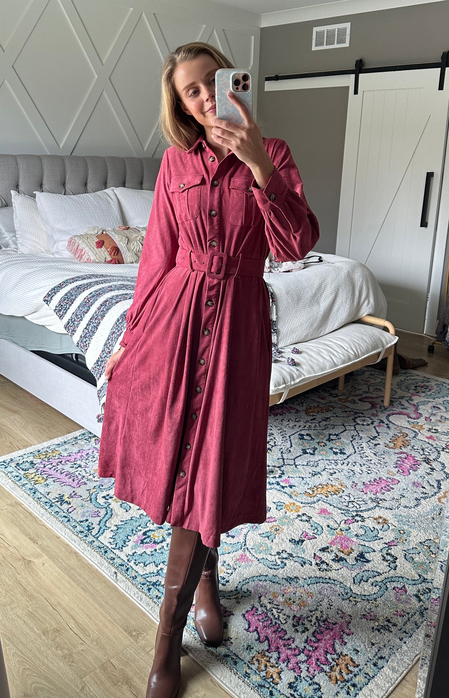 The Margot Suede Belted Shirt Dress in Berry