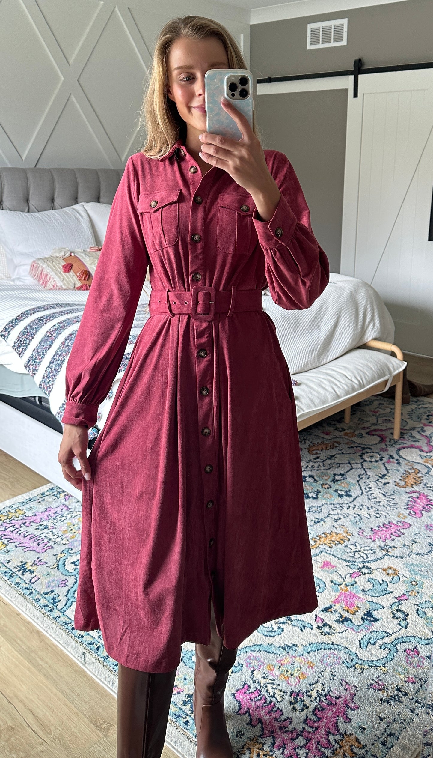 The Margot Suede Belted Shirt Dress in Berry