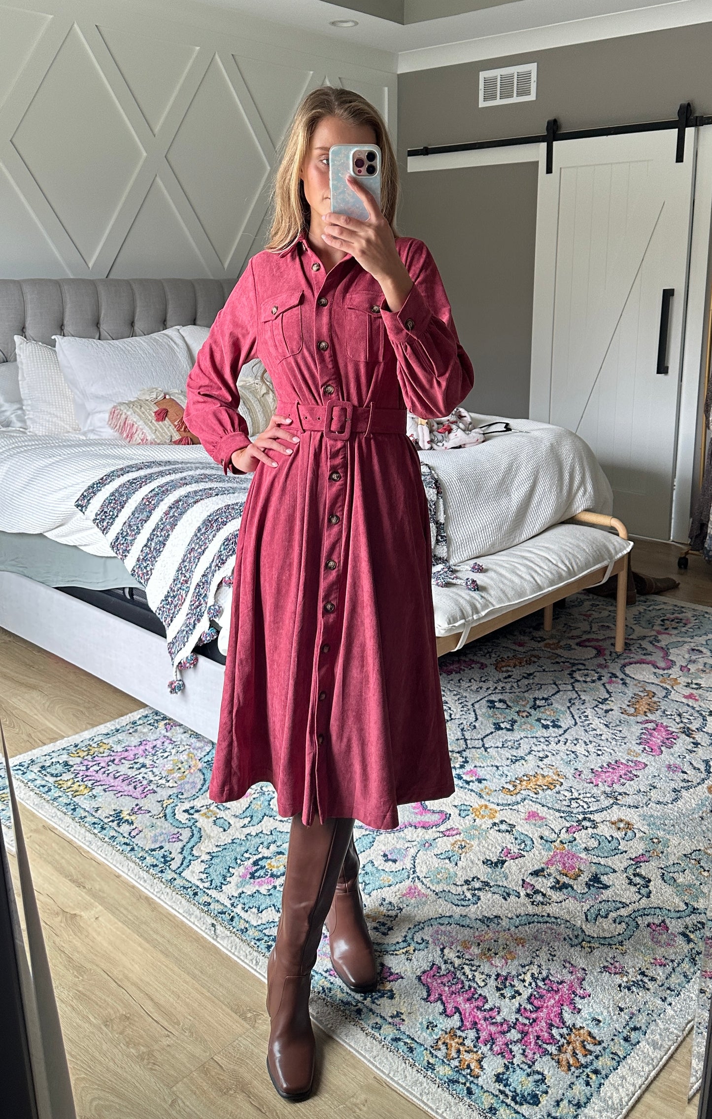 The Margot Suede Belted Shirt Dress in Berry
