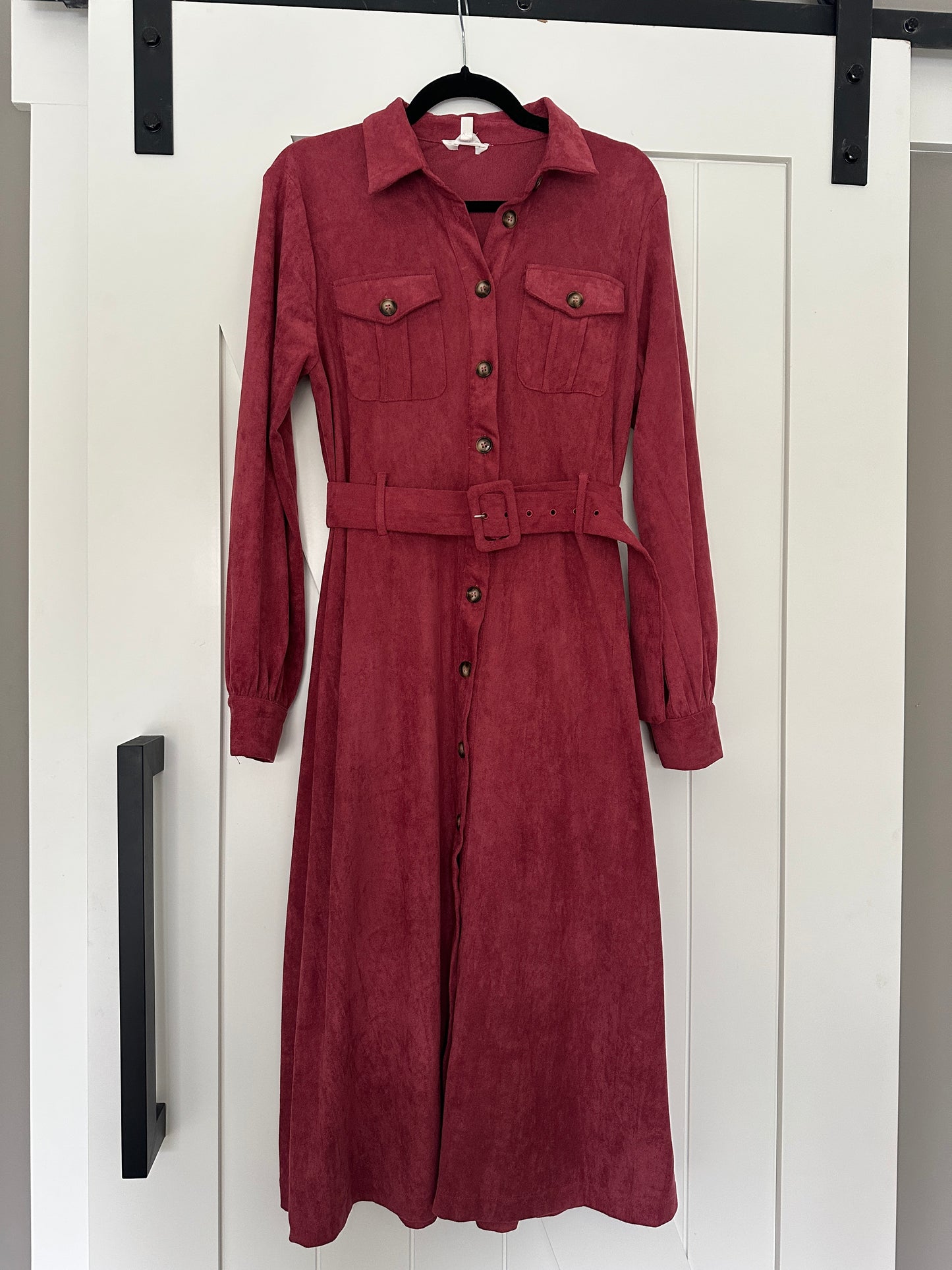 The Margot Suede Belted Shirt Dress in Berry