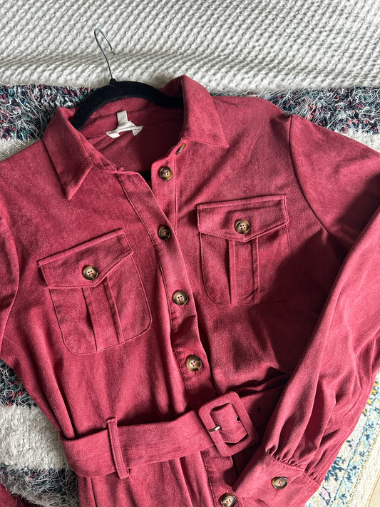 The Margot Suede Belted Shirt Dress in Berry