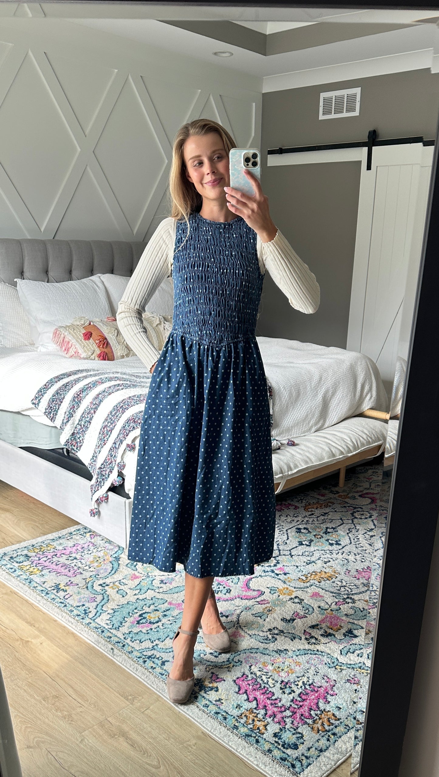 The Demi Smocked Drop Waist  Denim Dress