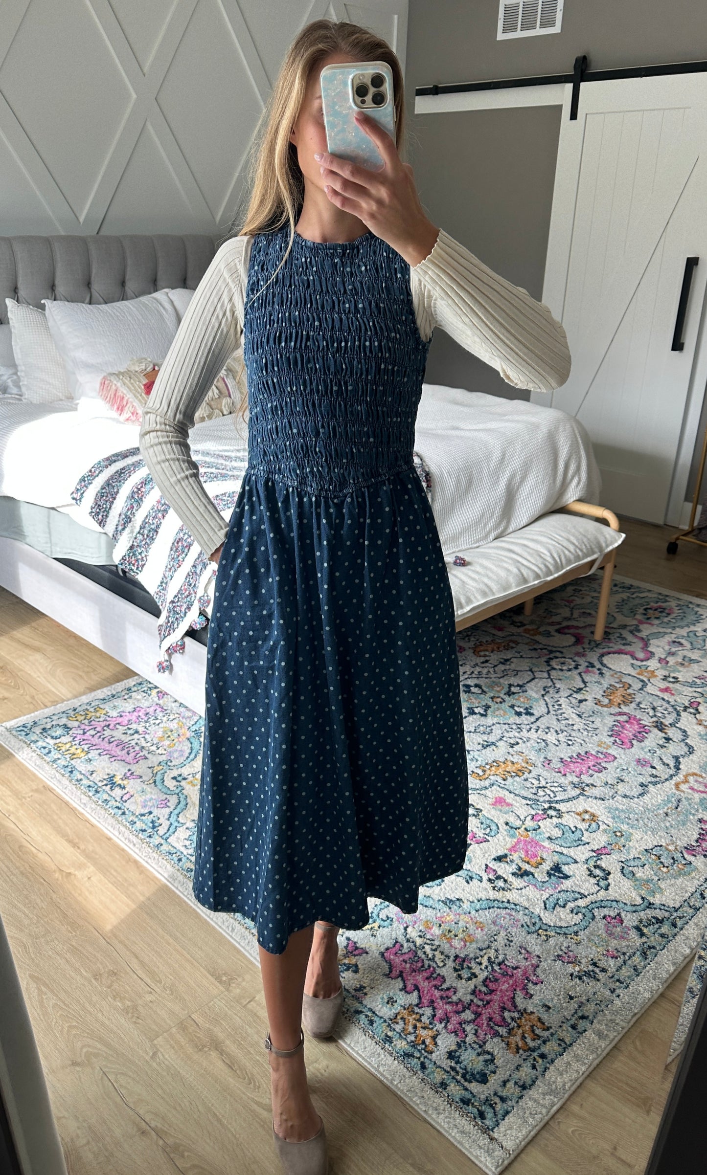 The Demi Smocked Drop Waist  Denim Dress