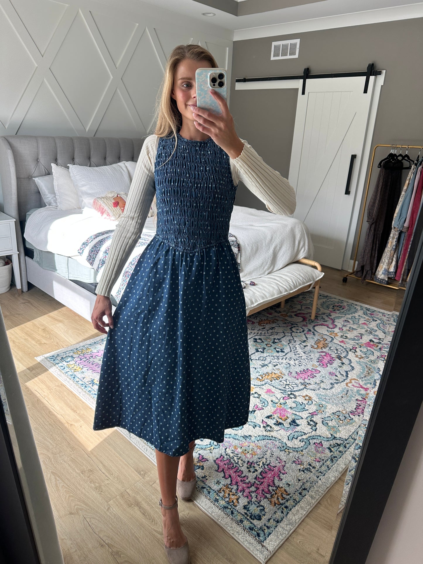 The Demi Smocked Drop Waist  Denim Dress