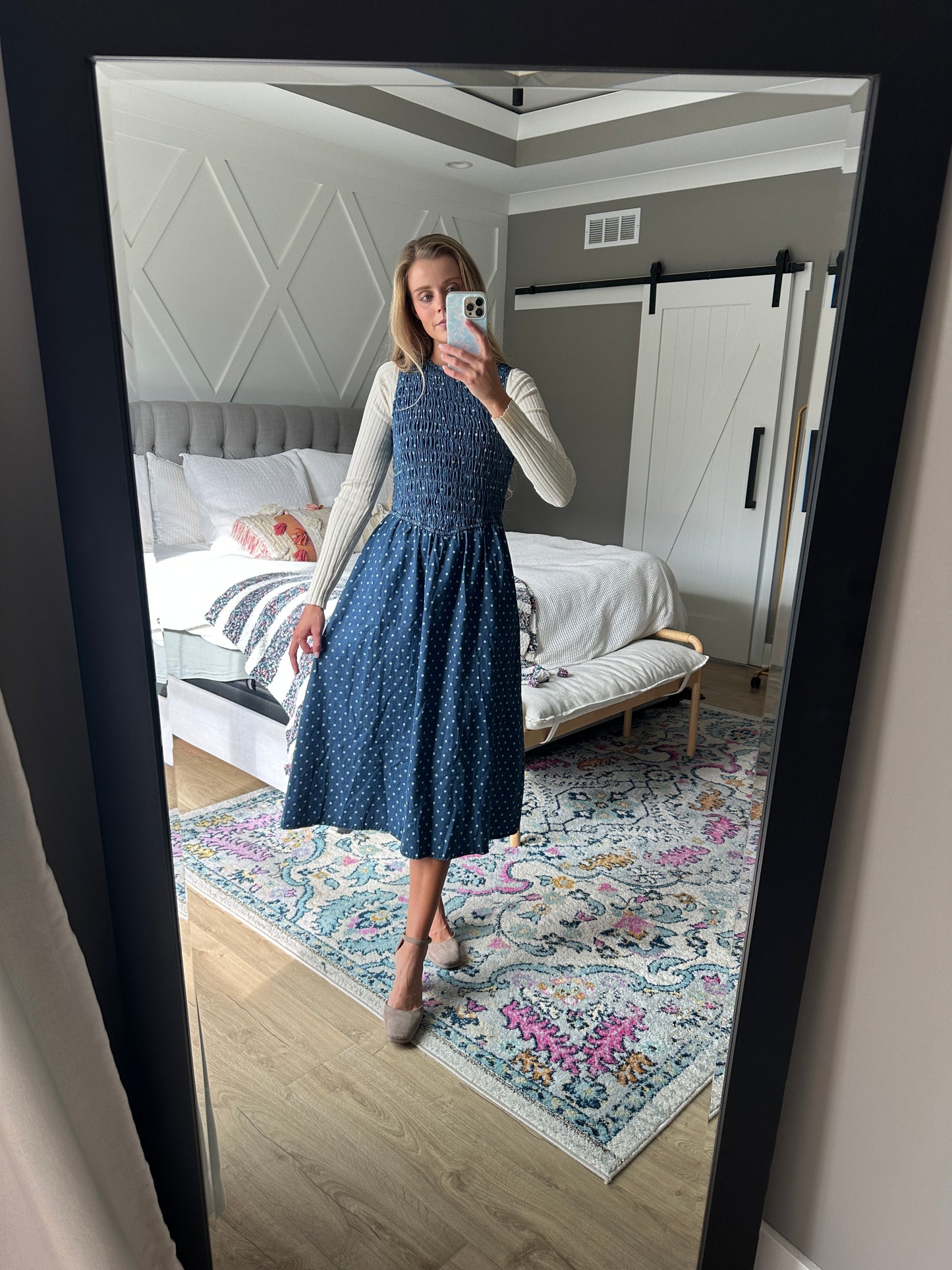 The Demi Smocked Drop Waist  Denim Dress