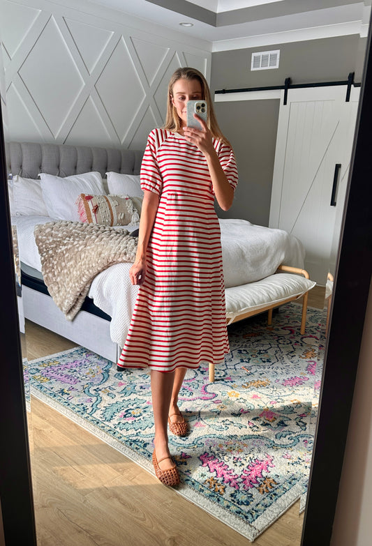 The Hayden Cotton Sweatshirt Dress in Red Stripes