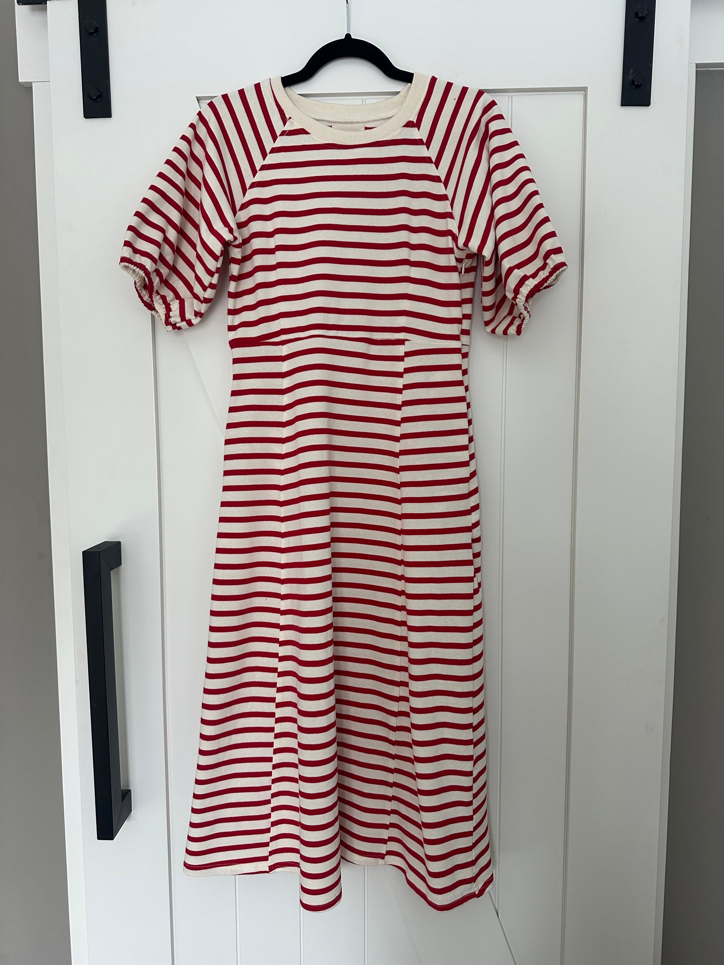 The Hayden Cotton Sweatshirt Dress in Red Stripes