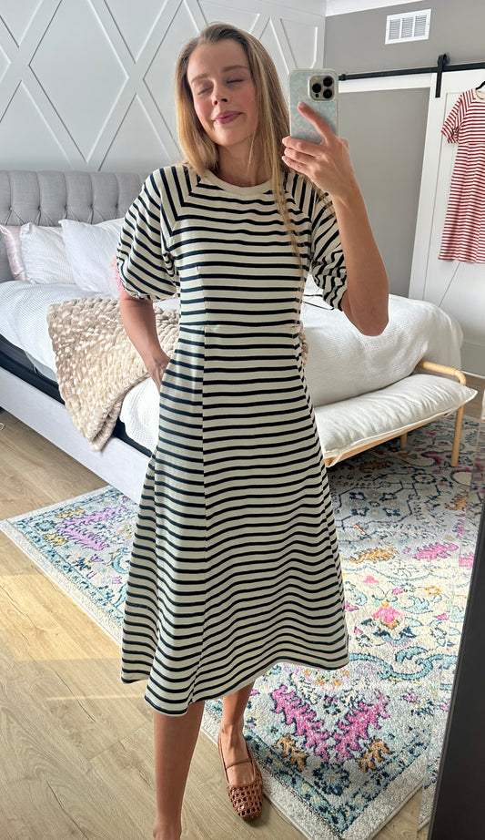 The Hayden Cotton Sweatshirt Dress in Navy Stripes