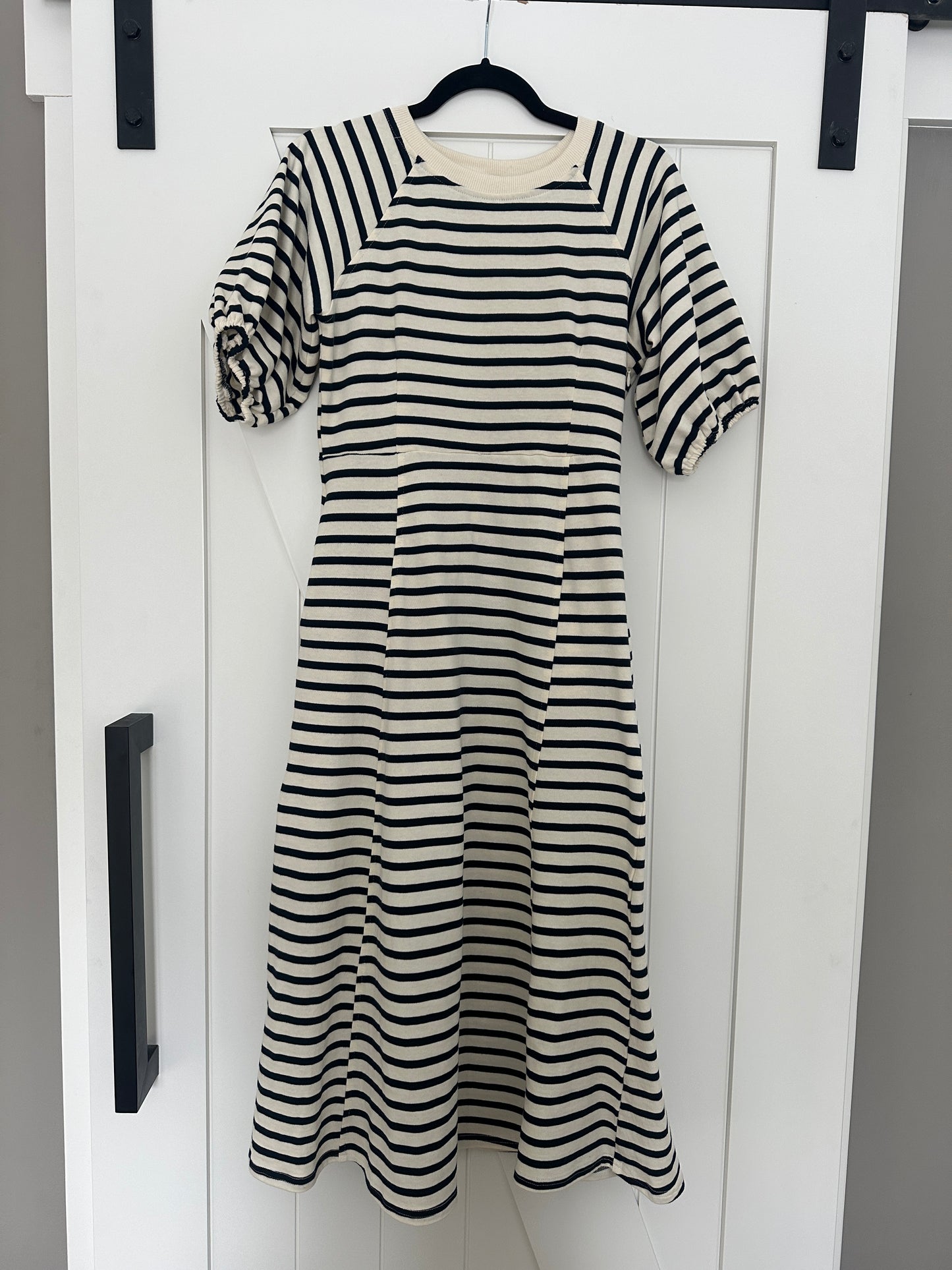 The Hayden Cotton Sweatshirt Dress in Navy Stripes