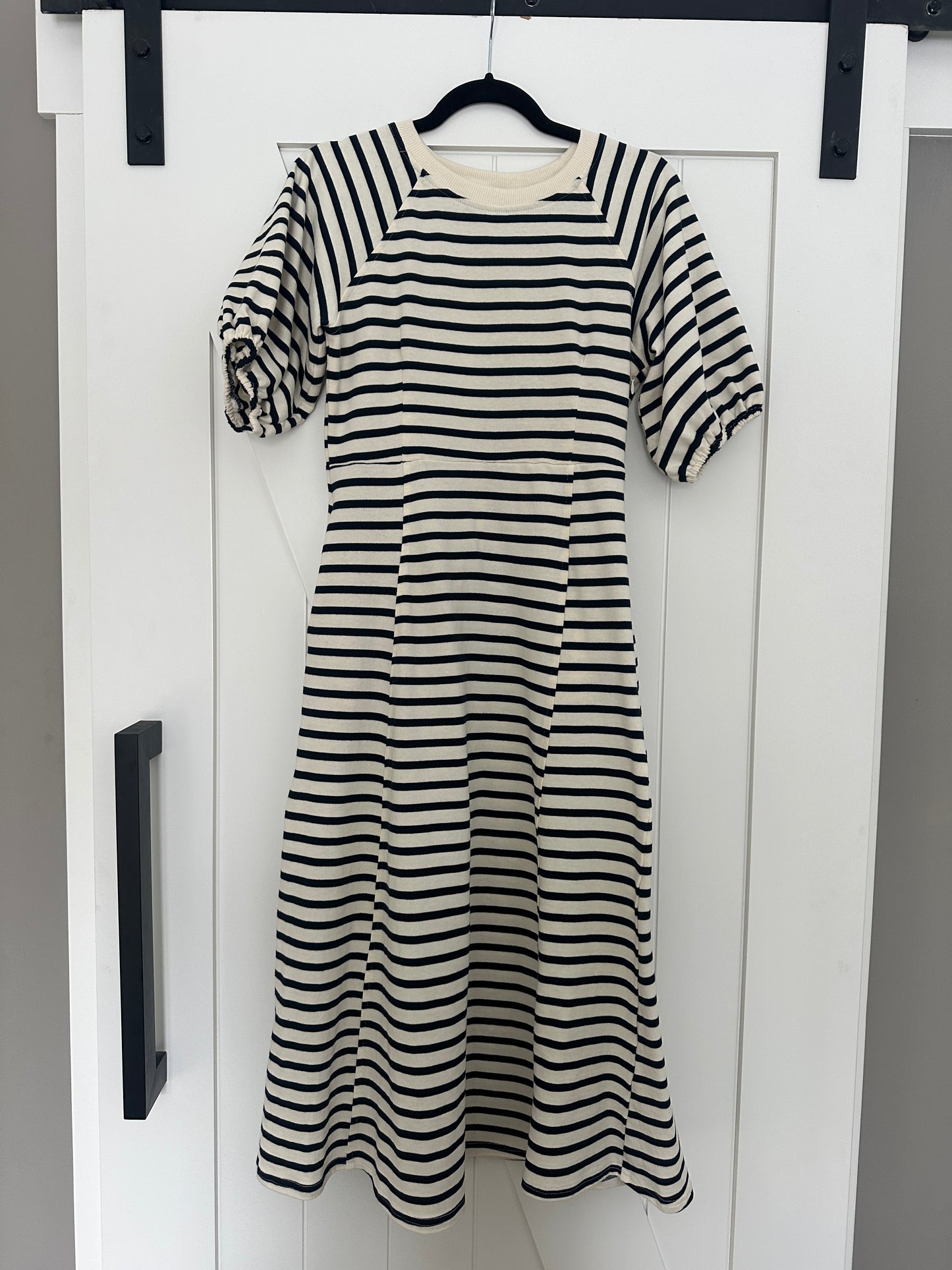 The Hayden Cotton Sweatshirt Dress in Navy Stripes