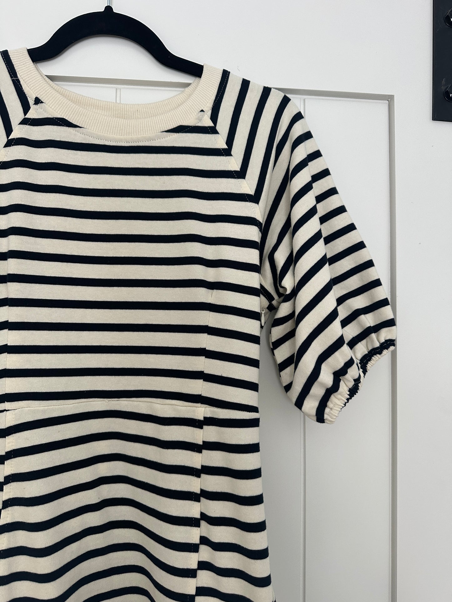 The Hayden Cotton Sweatshirt Dress in Navy Stripes
