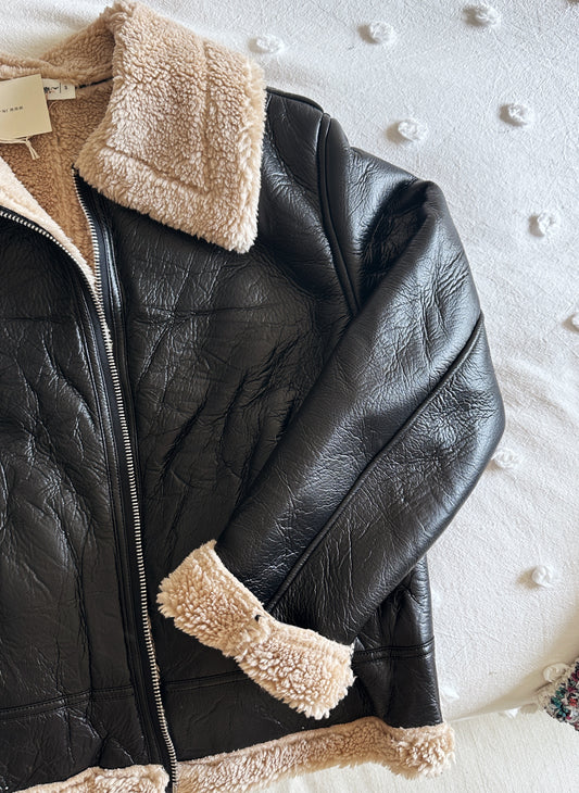 The Lexi Vegan Leather Shearling Jacket in Black