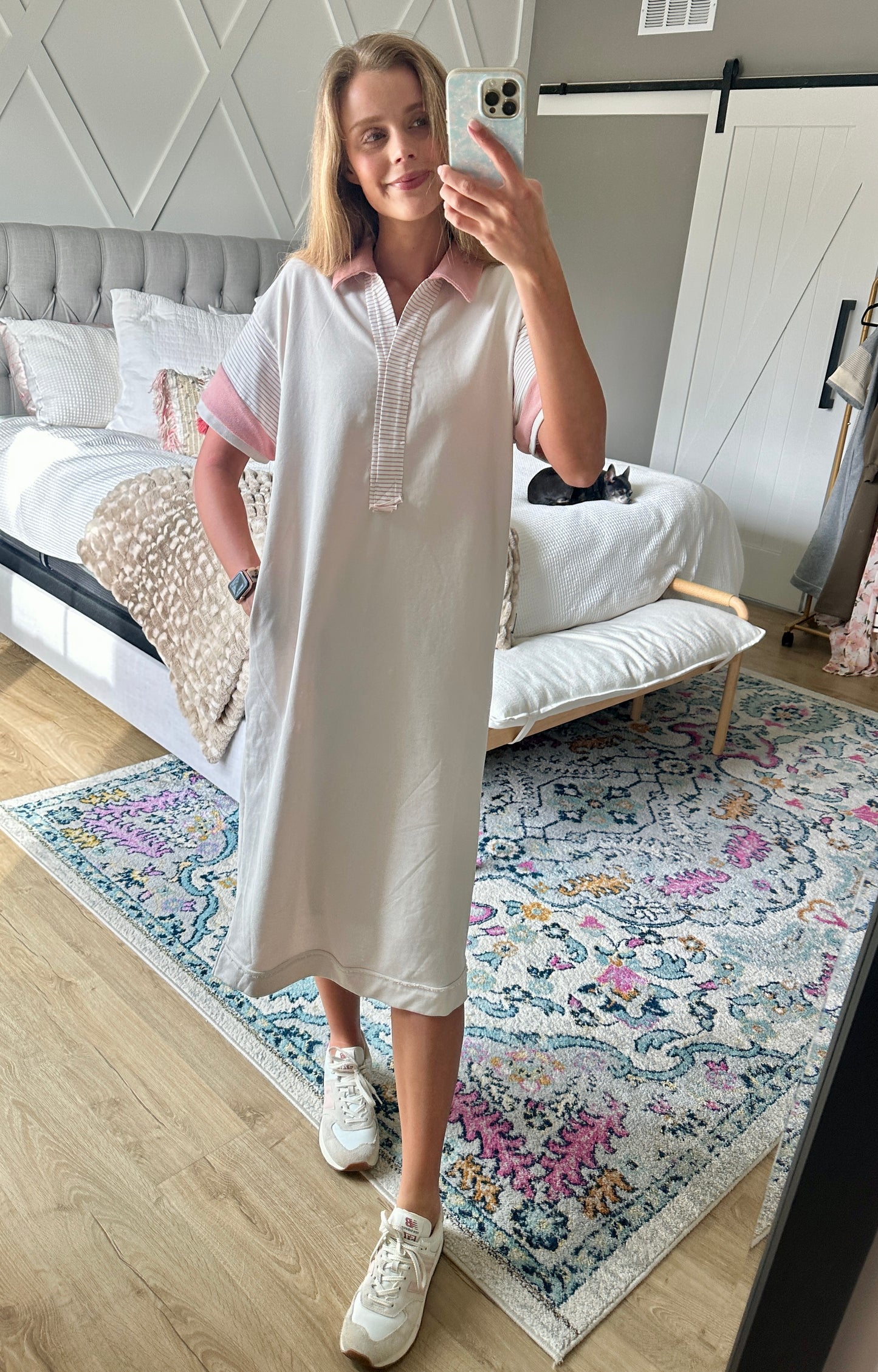 The Cora French Terry Midi Dress in Stone & Pink