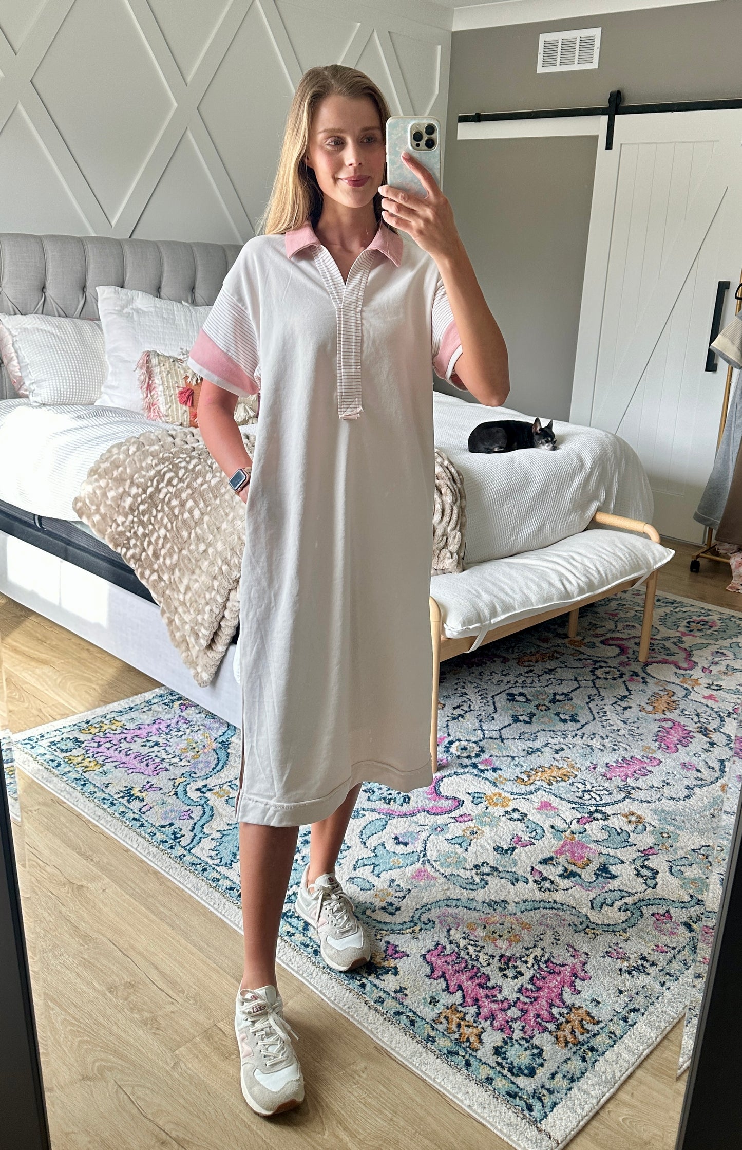 The Cora French Terry Midi Dress in Stone & Pink