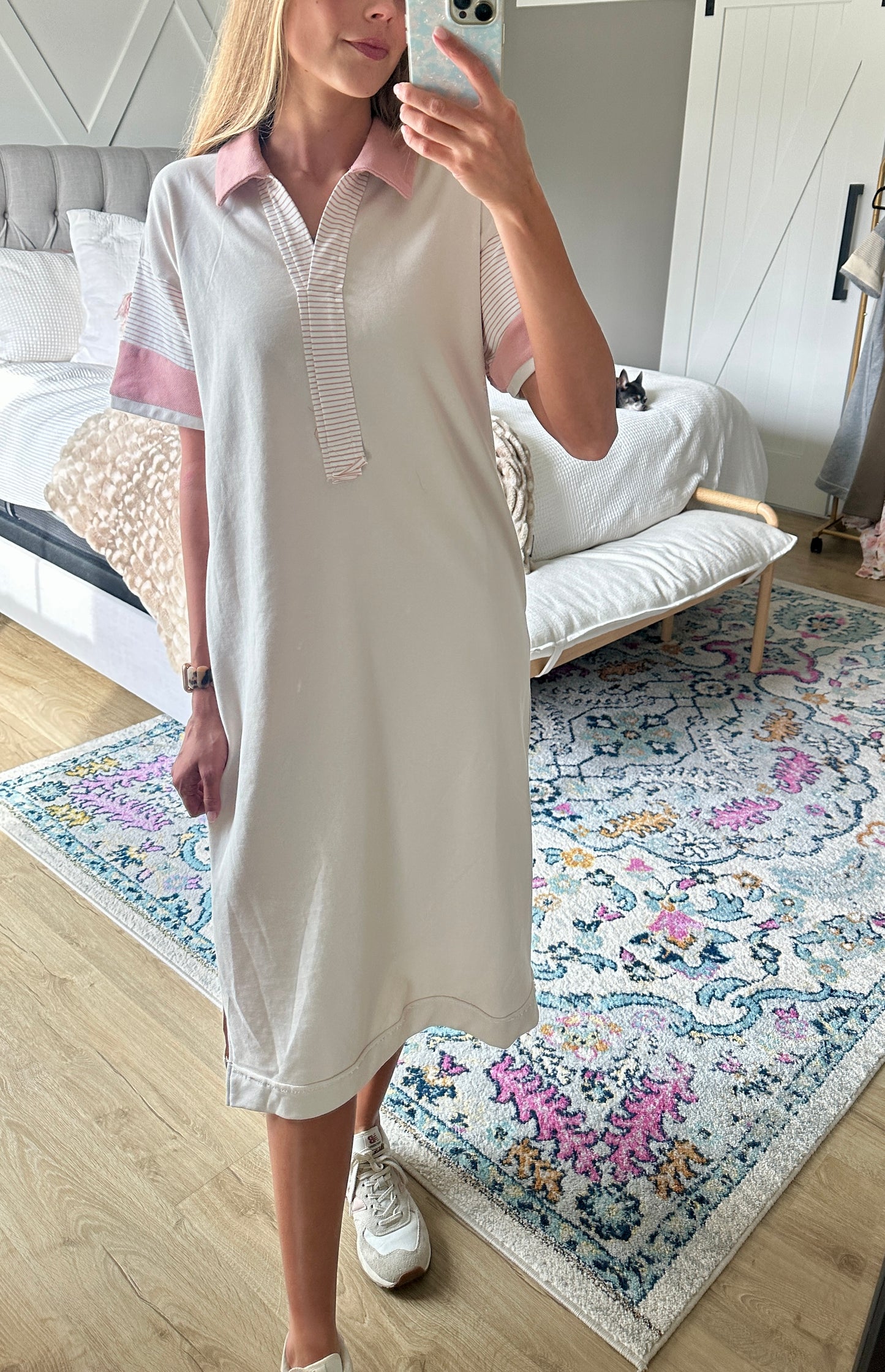 The Cora French Terry Midi Dress in Stone & Pink