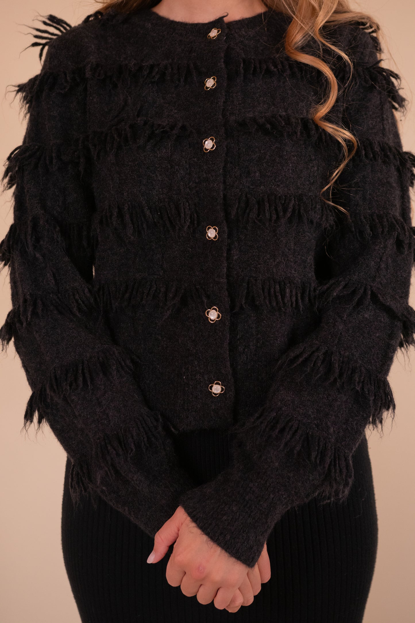 The Remi Fringe Cardigan in Charcoal