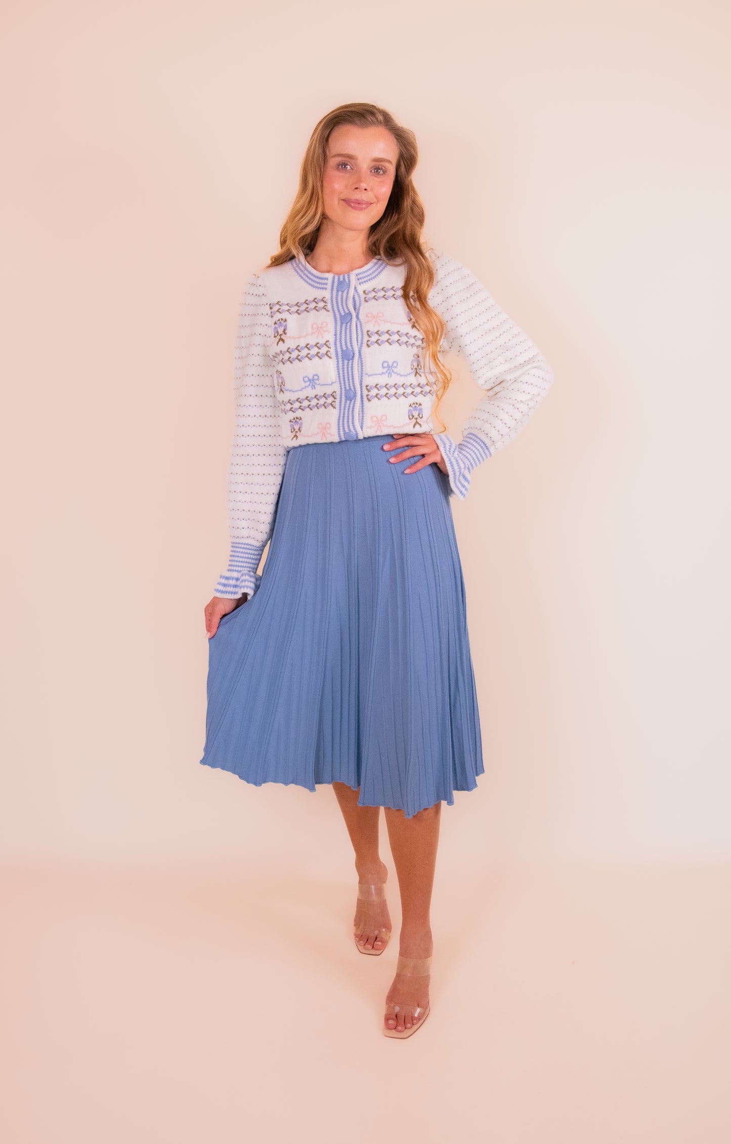 The Lulu Pleated Knit Skirt in Powder Blue