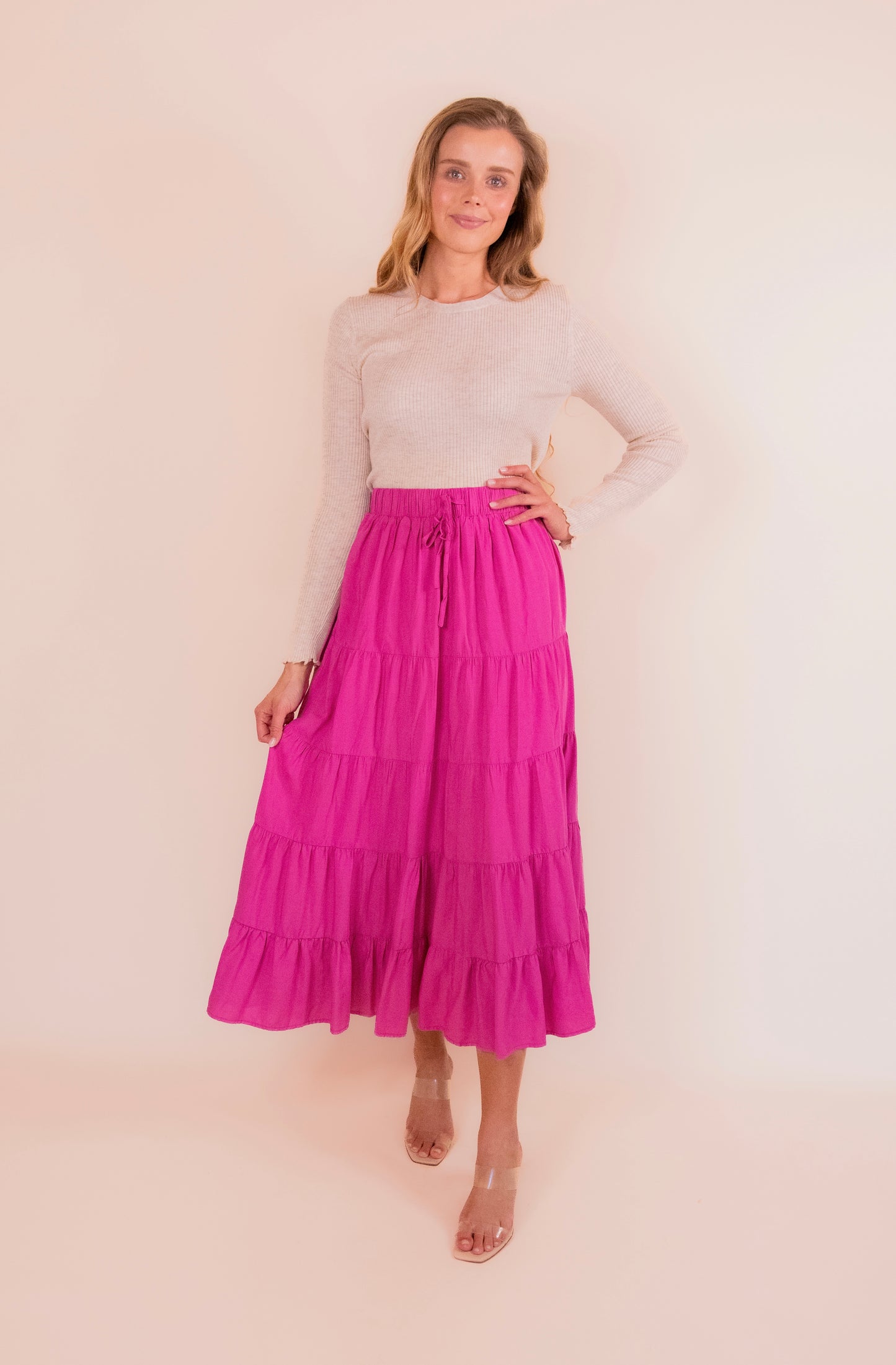 The Wren Tiered Maxi Skirt in Fuchsia