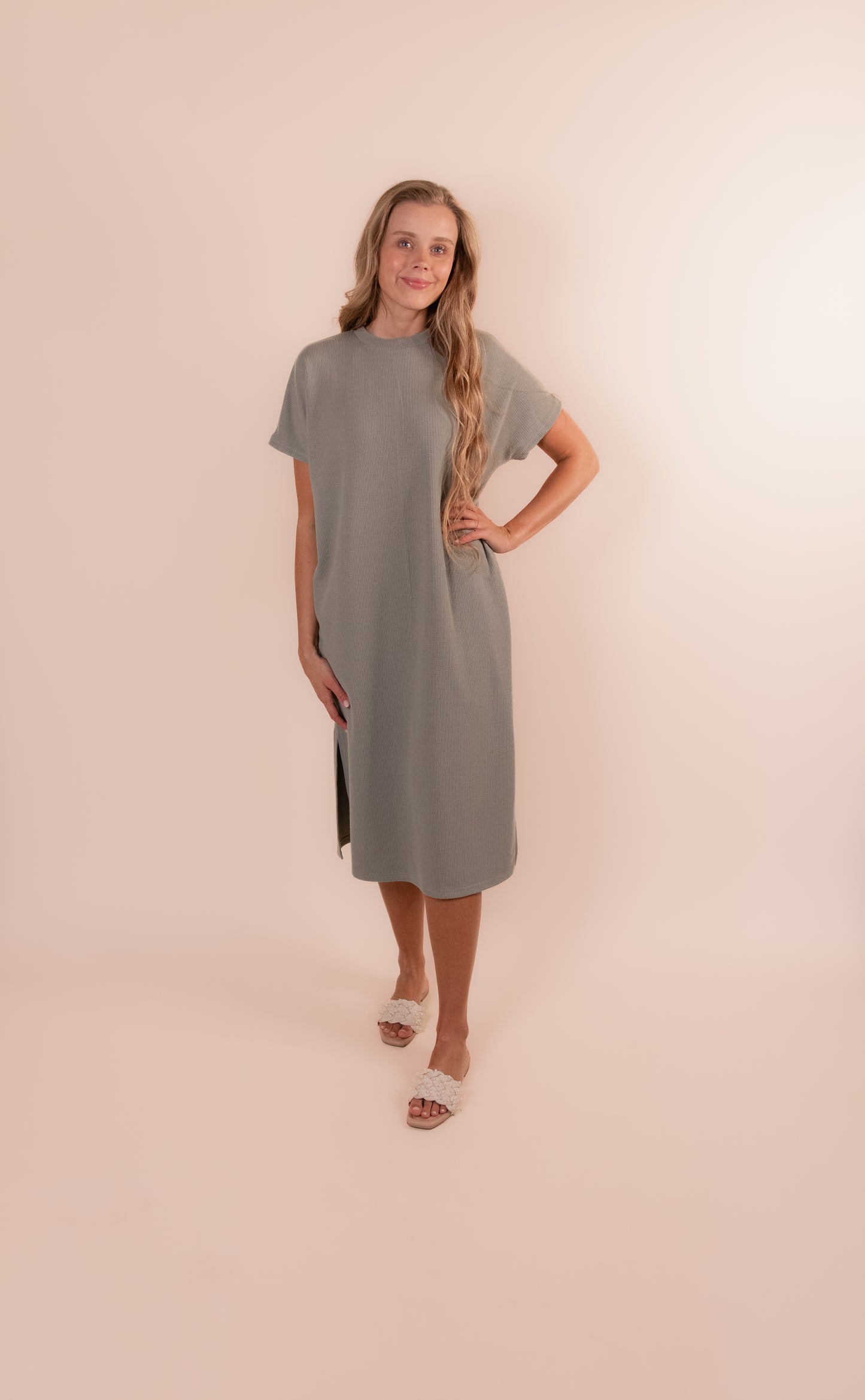 RESTOCKED - The Wren Ribbed Knit T-Shirt Dress in Olive