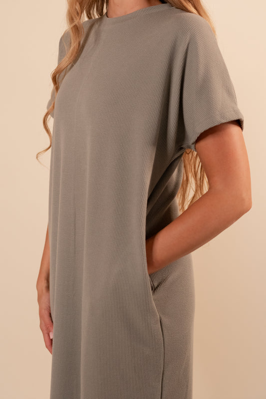 The Wren Ribbed Knit T-Shirt Dress in Olive