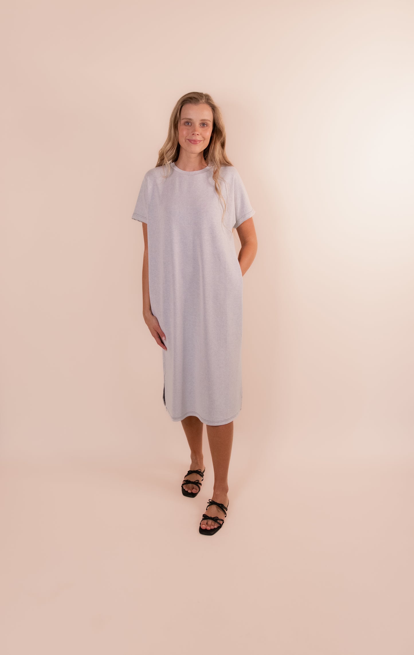 RESTOCKED - The Wren Ribbed Knit T-Shirt Dress in Black & White