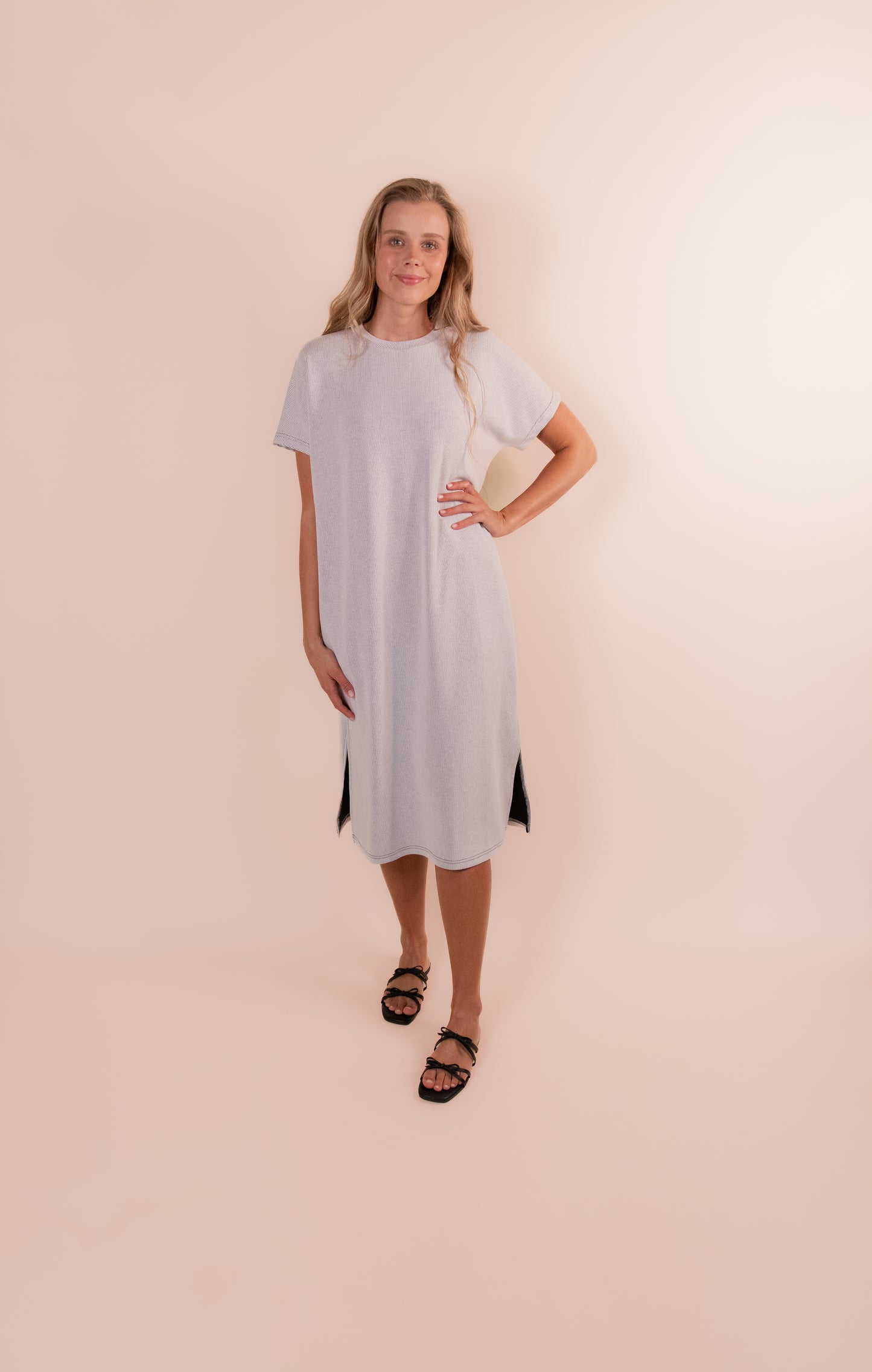 RESTOCKED - The Wren Ribbed Knit T-Shirt Dress in Black & White