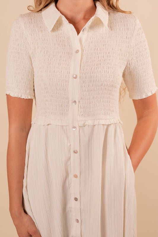The Emma Smocked Midi Dress in Buttercream