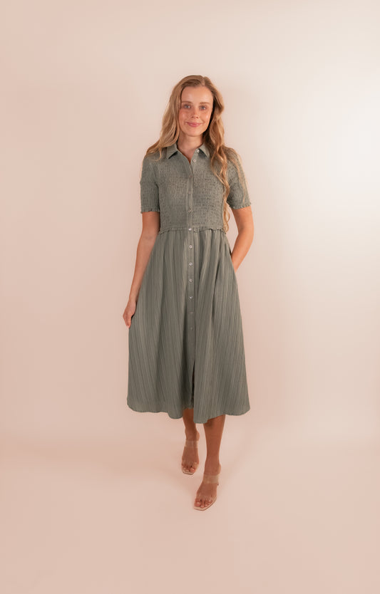 The Emma Smocked Midi Dress in Olive