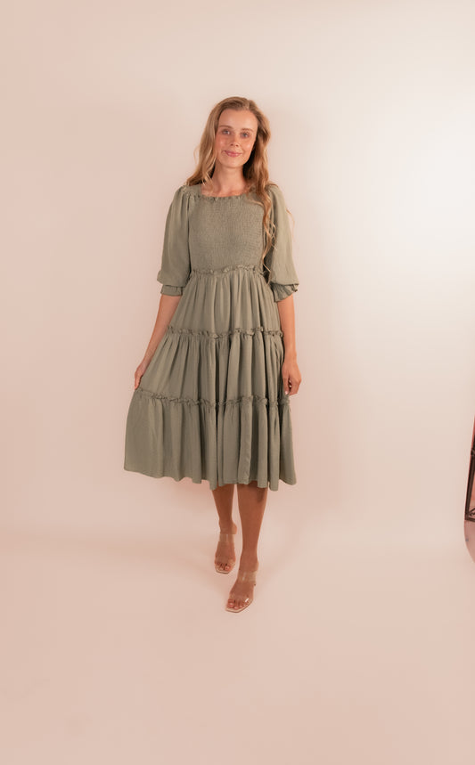 The Lexi Smocked Midi in Olive