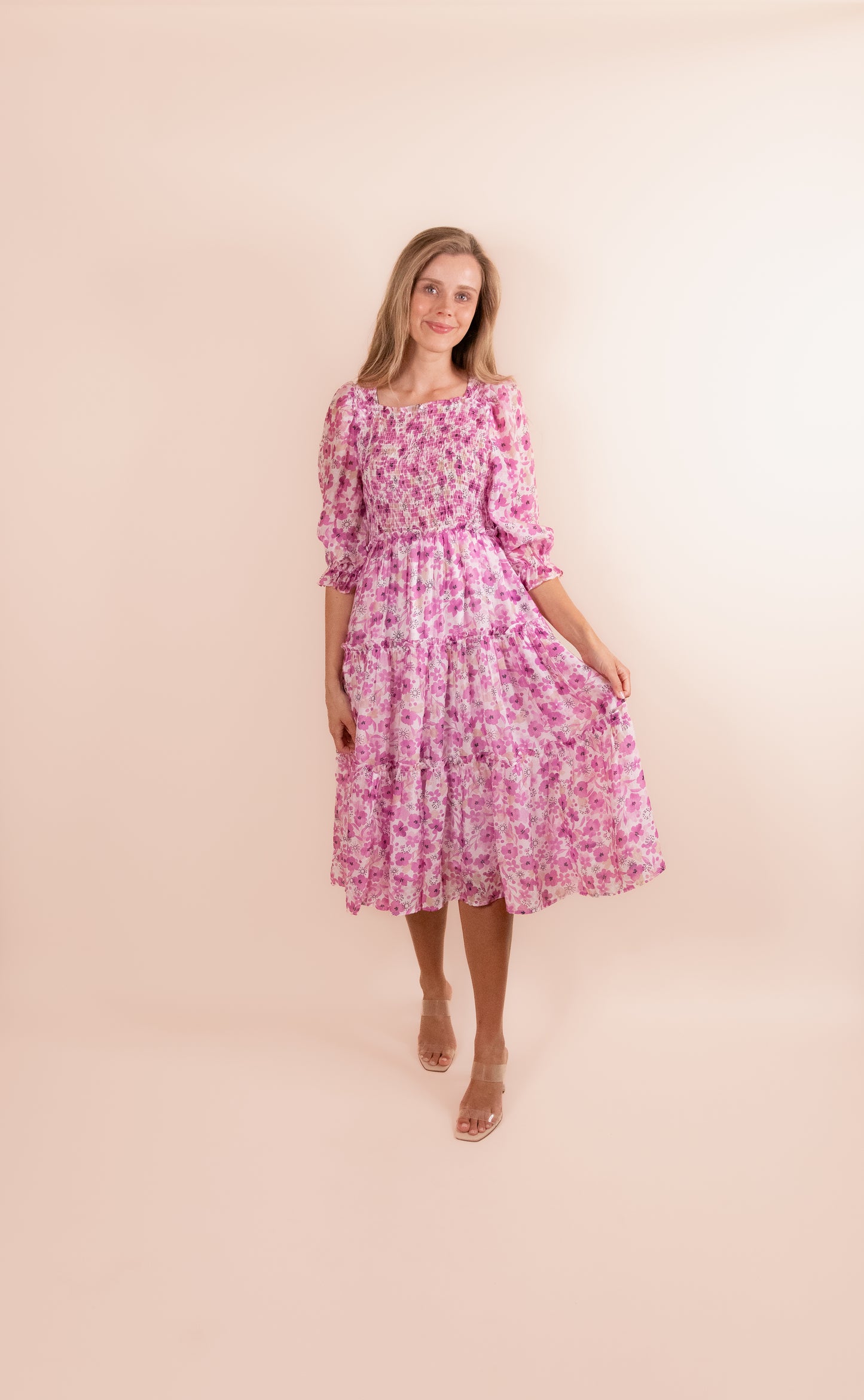 The Lexi Smocked Midi in Magenta Floral