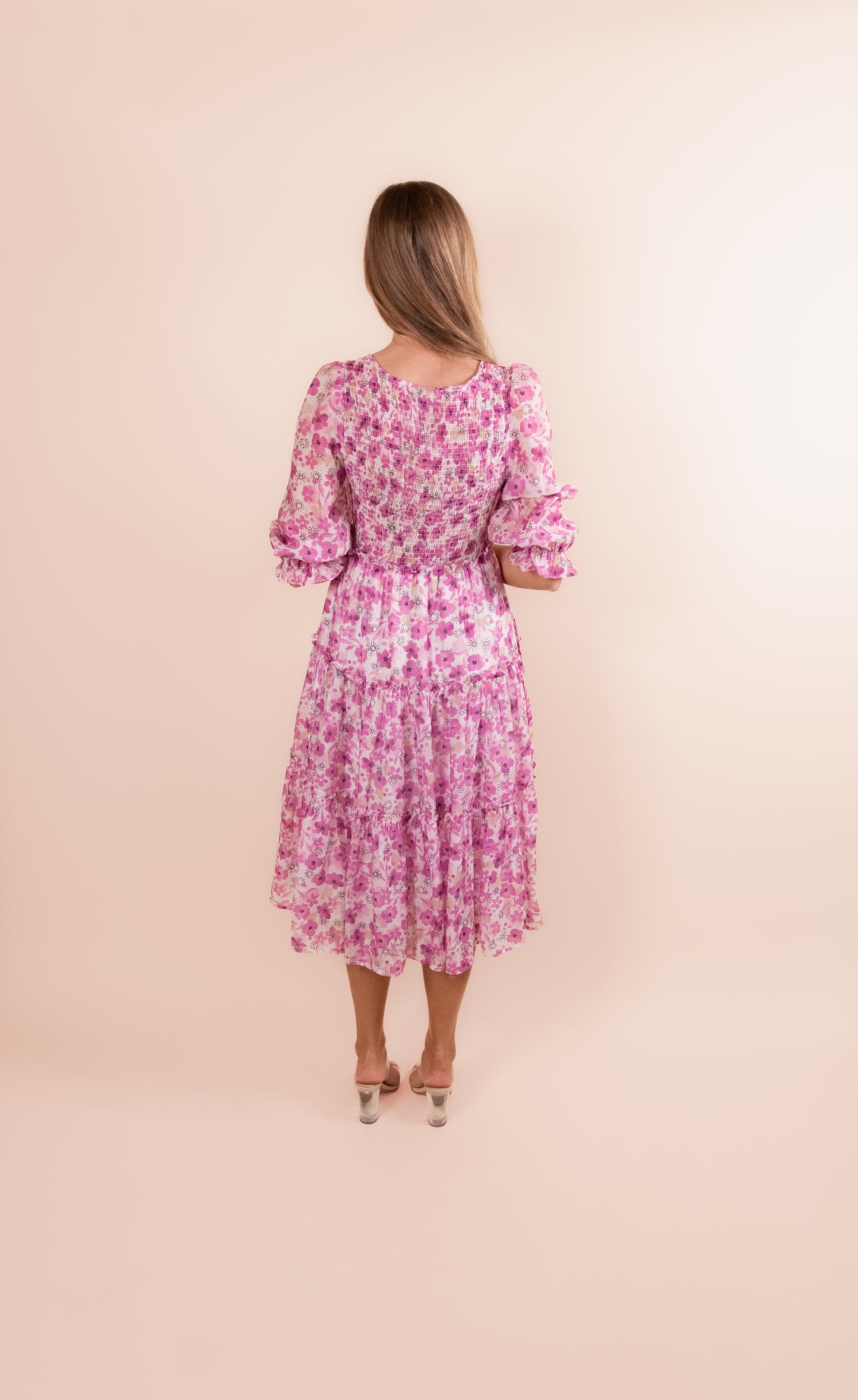 The Lexi Smocked Midi in Magenta Floral