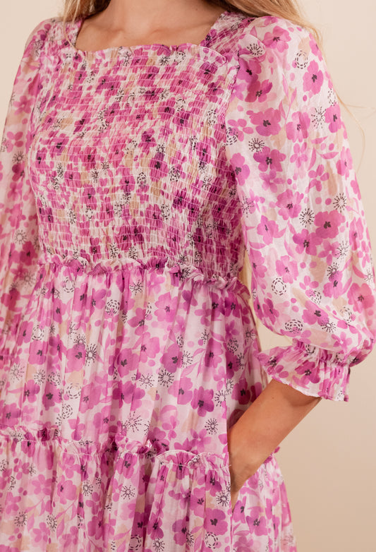 The Lexi Smocked Midi in Magenta Floral