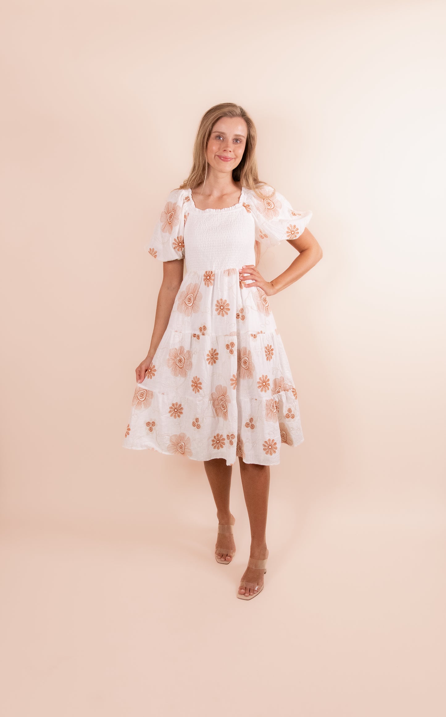 The Hayden Smocked Dress in Embroidered Floral