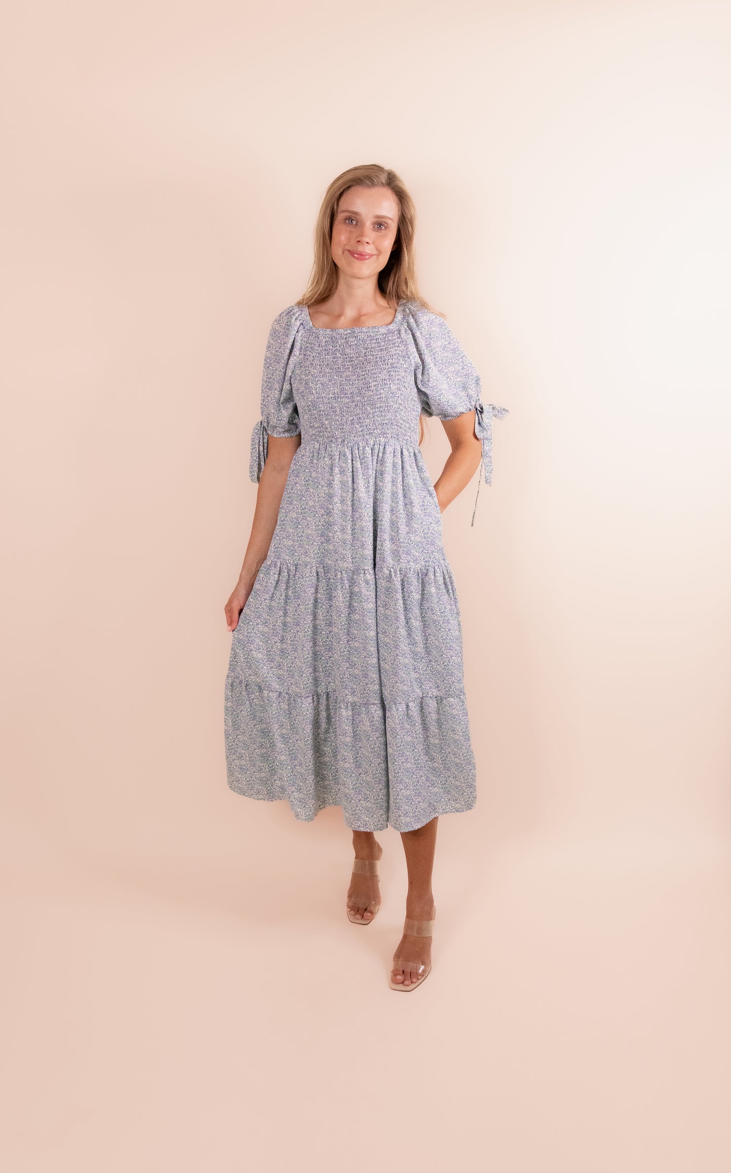 The Lainey Smocked Dress in Blue Floral