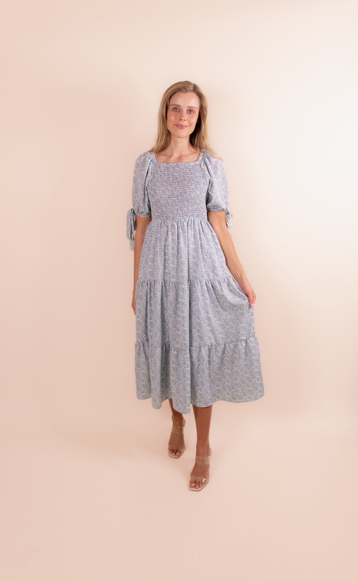 The Lainey Smocked Dress in Blue Floral