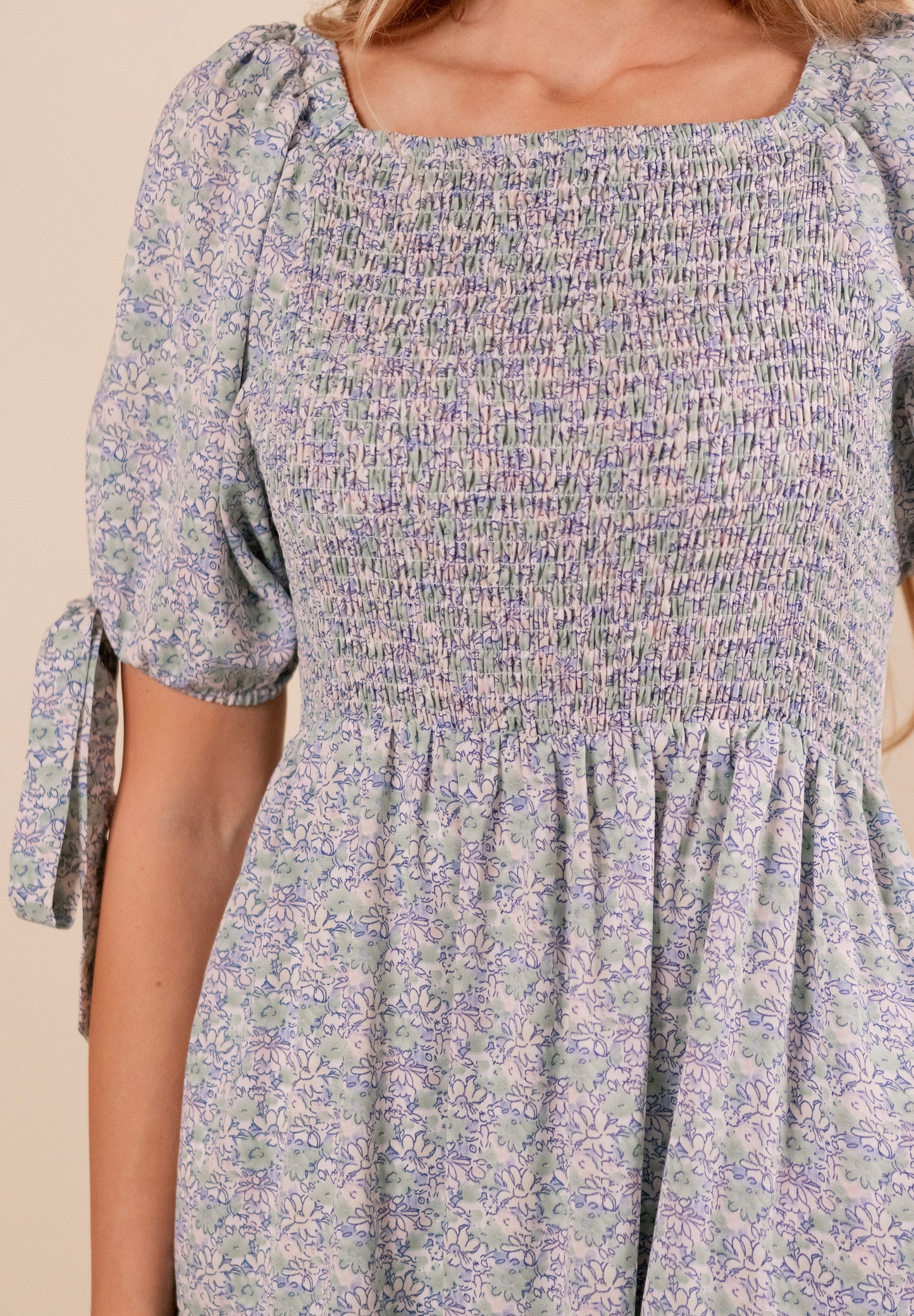 The Lainey Smocked Dress in Blue Floral