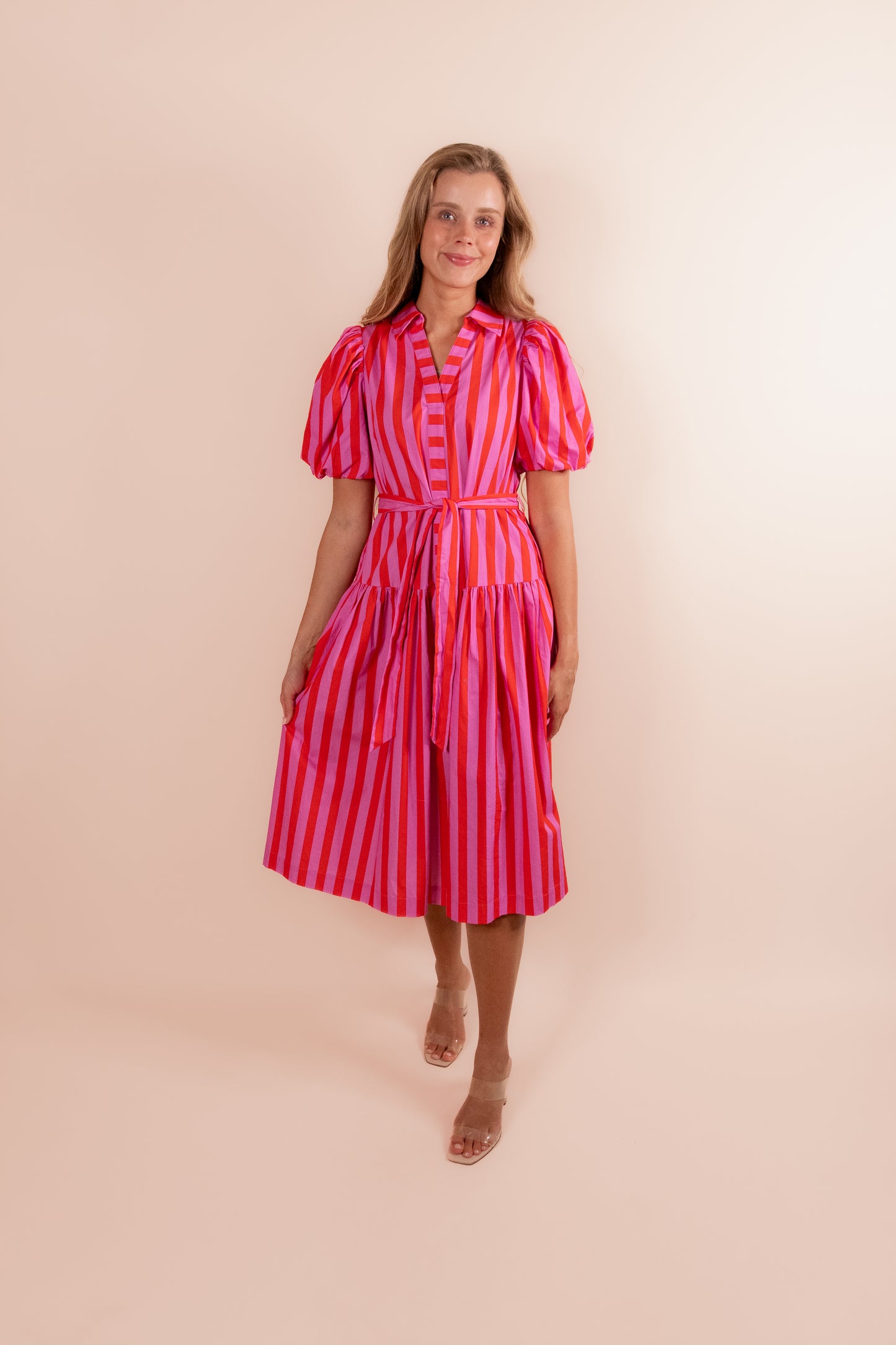 The Scottie Collar Dress in Pink & Red Stripes