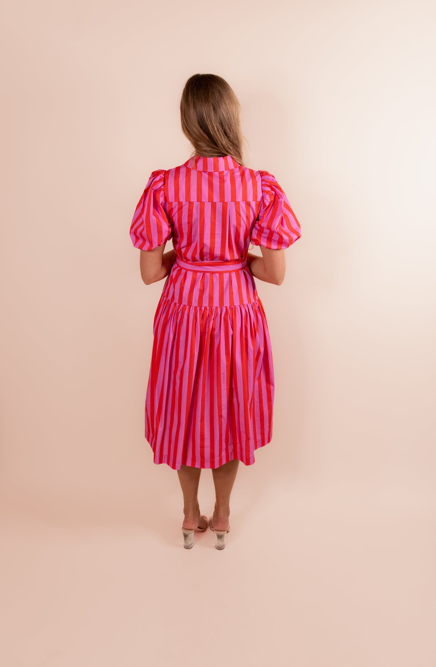 The Scottie Collar Dress in Pink & Red Stripes