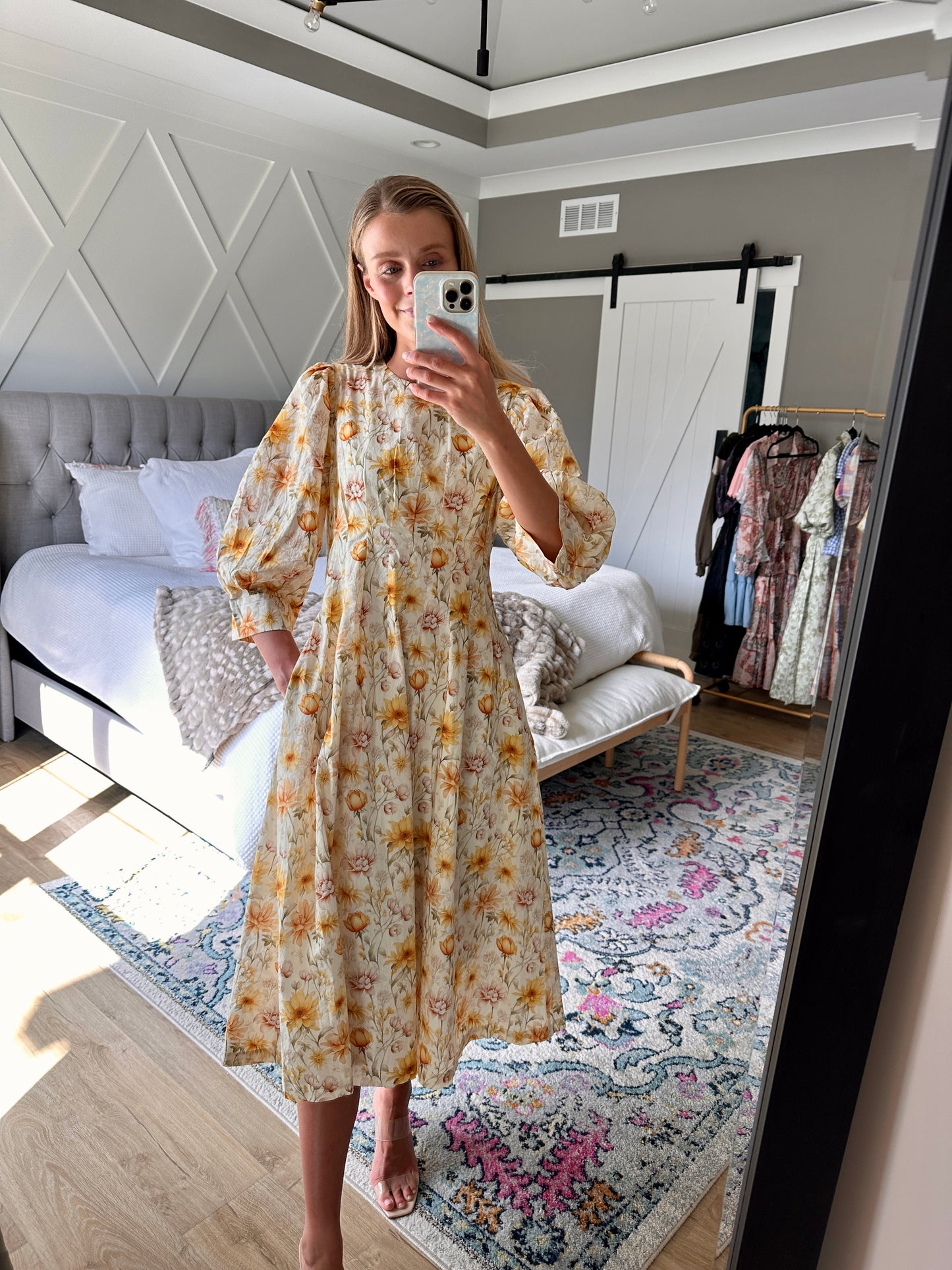 The Alaina Floral Midi Dress in Golden Floral