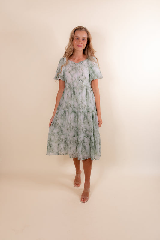 The Ellie Floral Midi in Green Chiffon