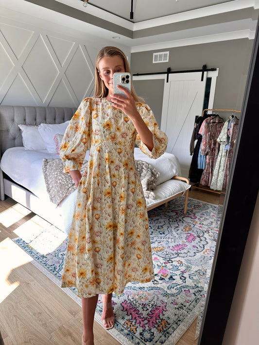 The Alaina Floral Midi Dress in Golden Floral