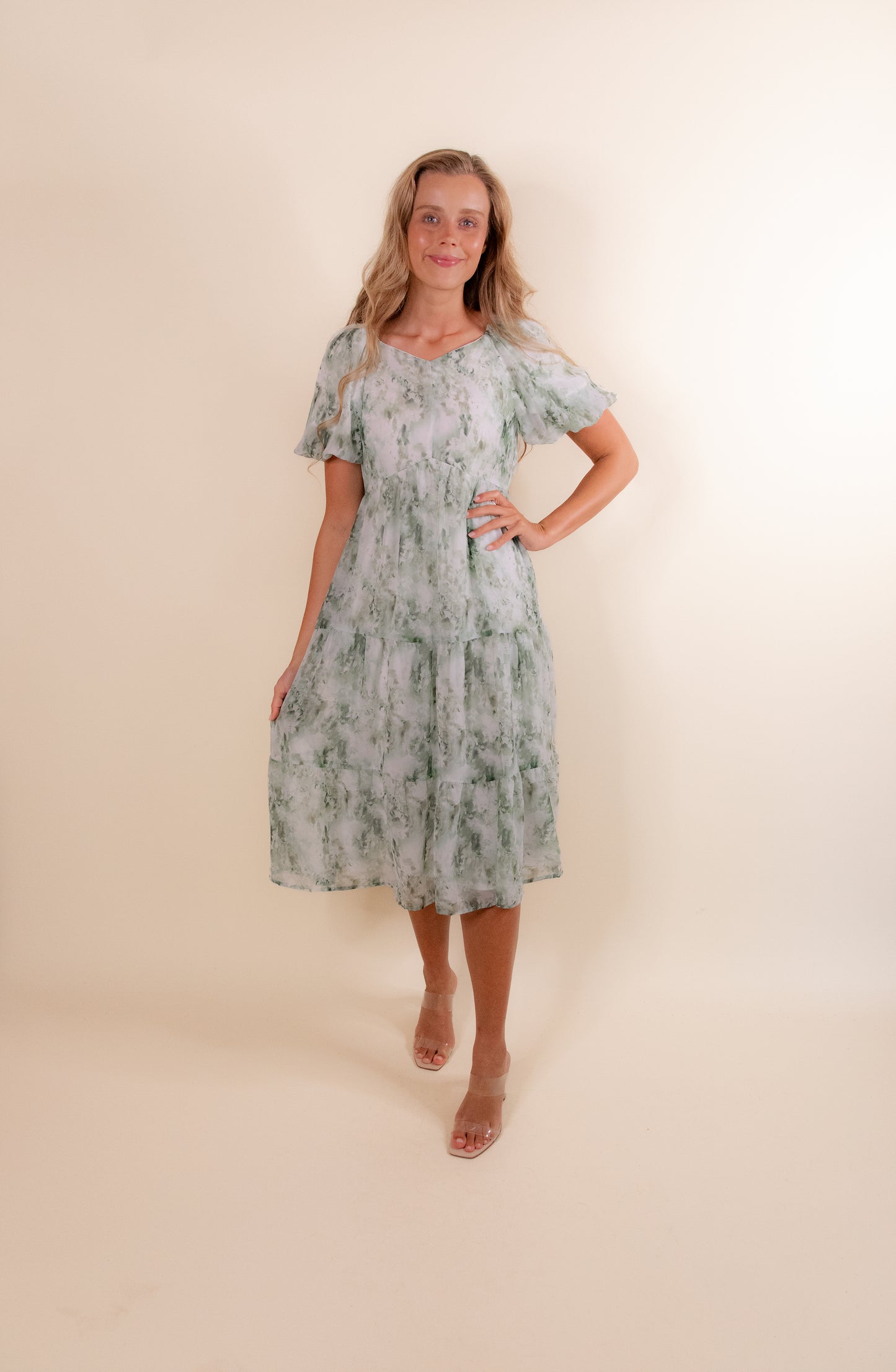 The Ellie Floral Midi in Green Chiffon