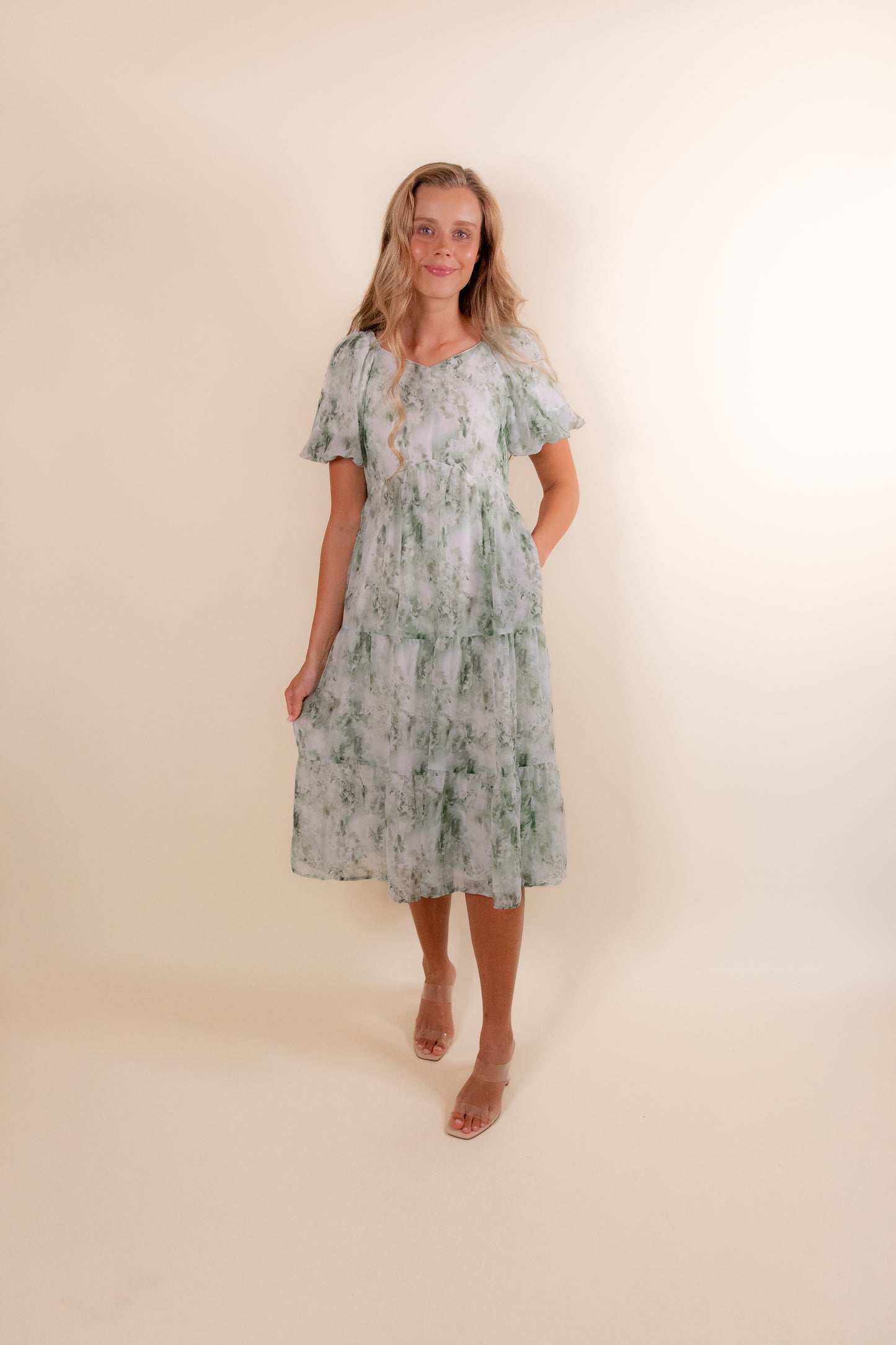 The Ellie Floral Midi in Green Chiffon